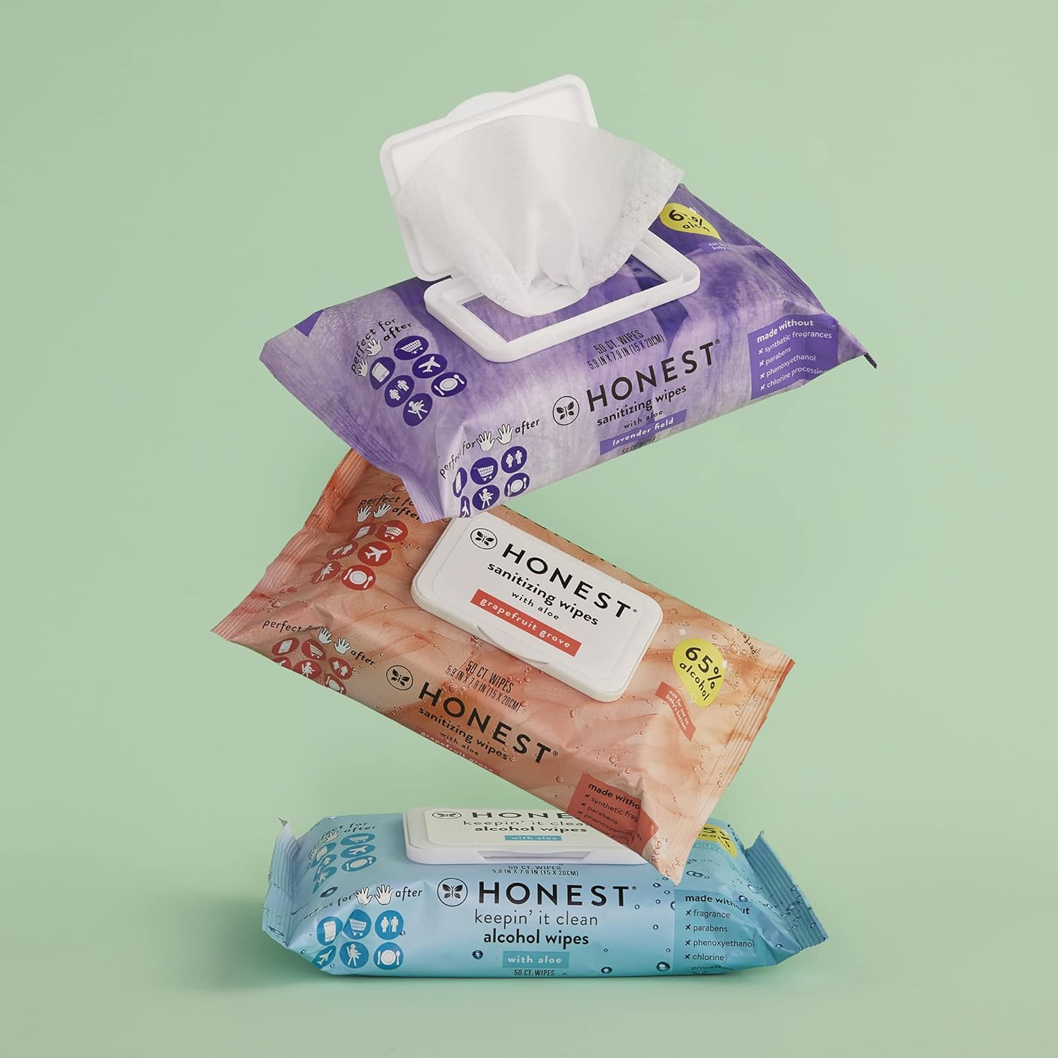 The Honest Company Sanitizing Alcohol Wipes | Kills 99% of Germs, Made With Aloe | Unscented, 150 Count (3 Packs of 50)