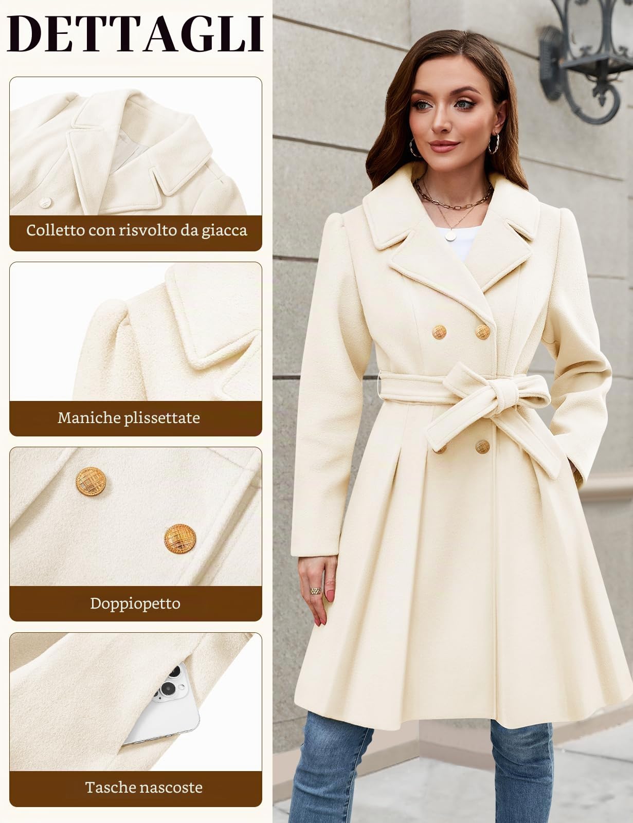 Cappotto Lana Donna Invernale Elegante Caldo Giacca Lungo Cappotti Autunno Moda Giubbotto da Collo Casual Trench Coat con Cintura