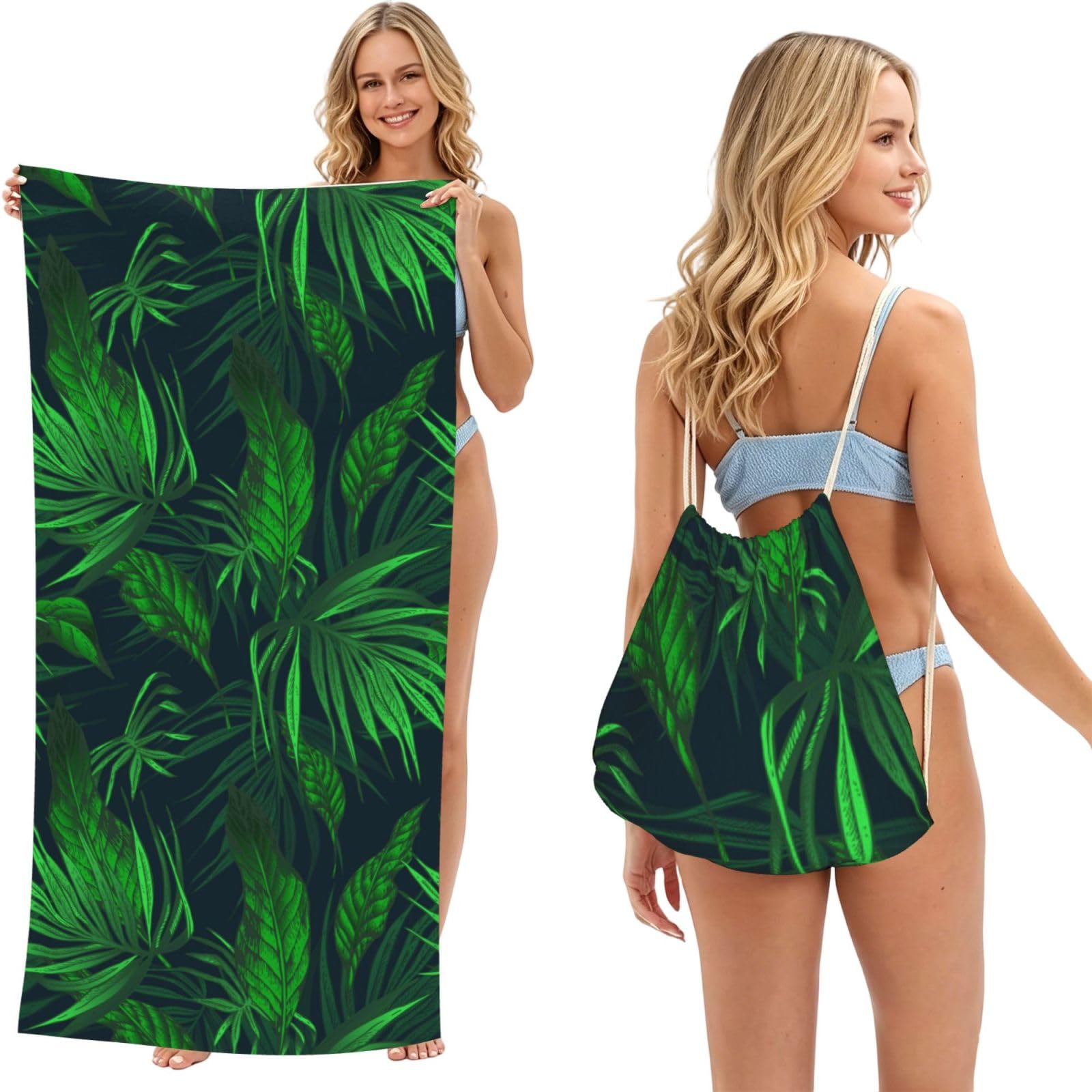 Poadnly As Picture Green Tropical Jungle Plant Printed, 2 In 1 Packable Towel Bag, Beach Towels With Drawstring Backpack For Travel Holiday Camping