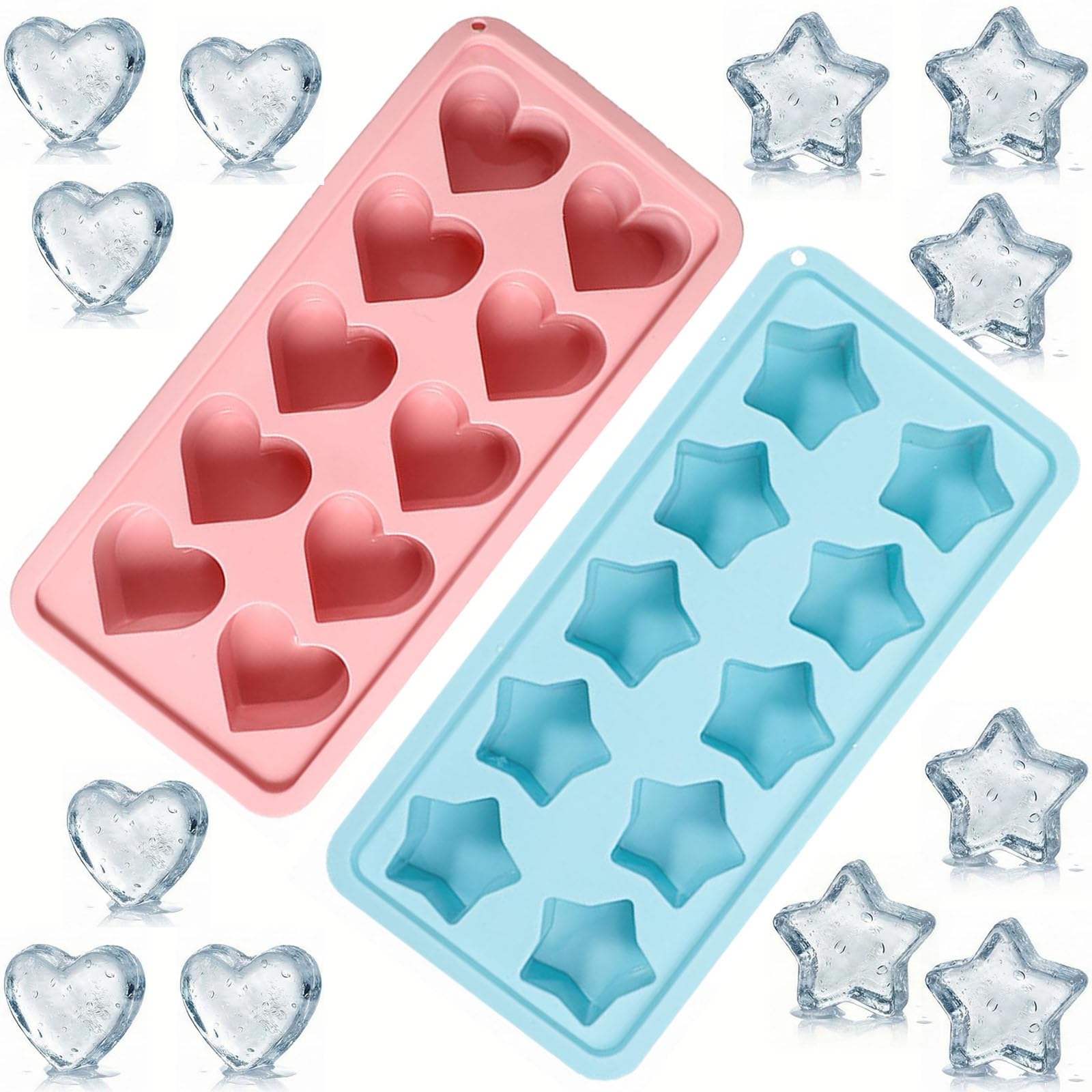 2 Pack Soft Silicone Ice Cube Trays Heart and Star Shape, Reusable Novelty Chocolate Molds Food Grade for Whiskey Cocktail Jelly DIY Desserts Valentine's Day