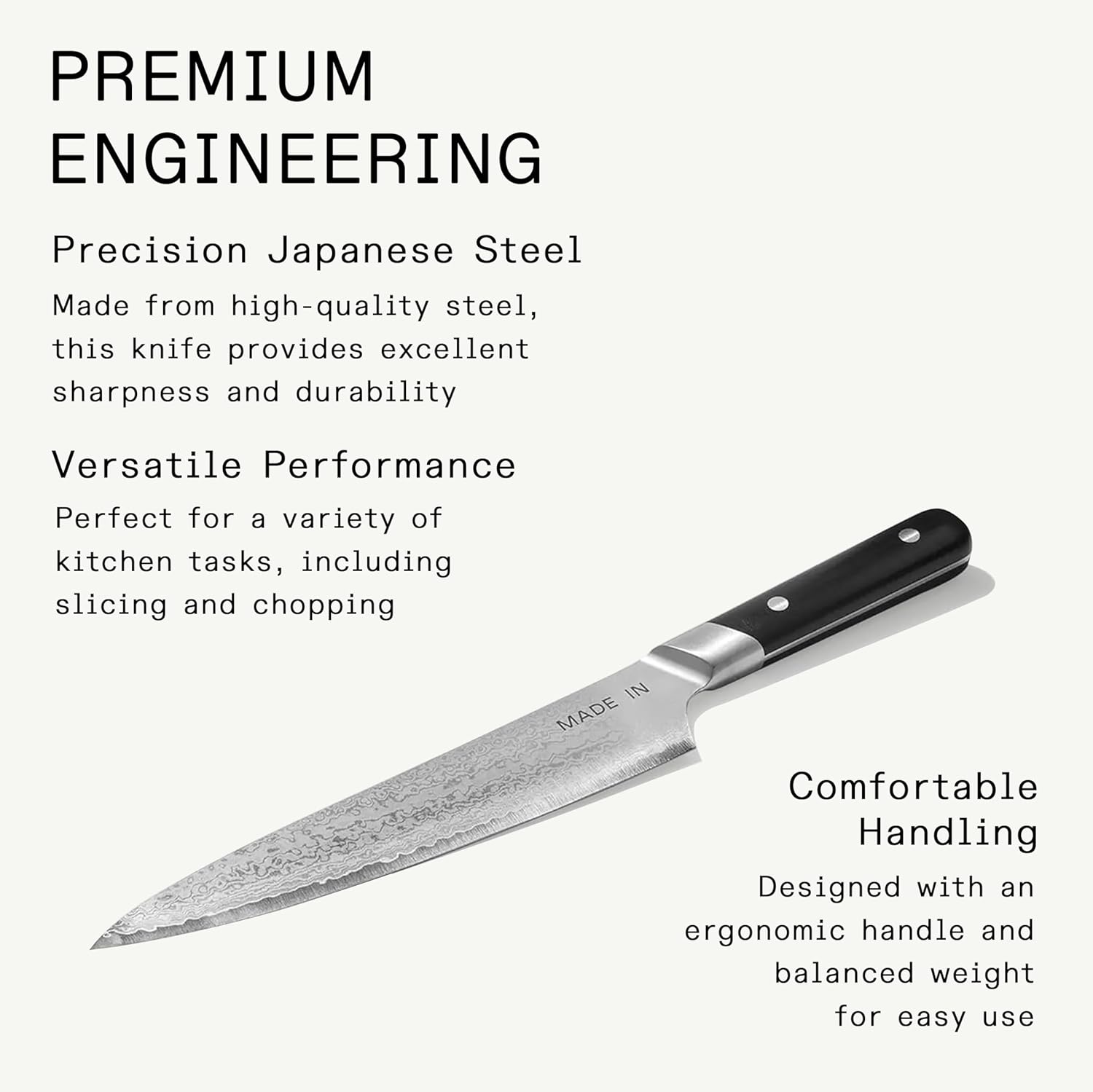 Made In Cookware | 8" Japanese Damascus Steel Gyuto (Chef Knife) | 66 Layers of Damascus Steel with a VG-10 Core | Crafted in Japan | Full Tang With Black POM Handle