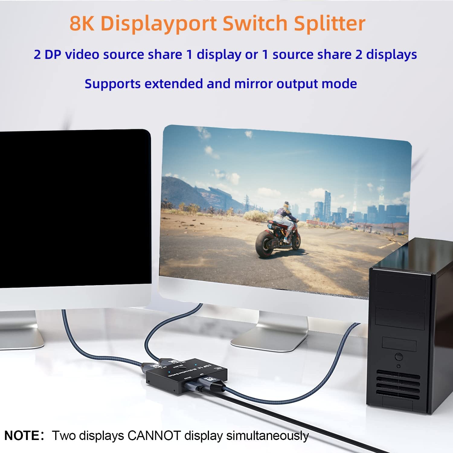 IOGEAR Displayport Switch, 8K Displayport 1.4 Splitter, 2 Inputs 1 Outputs 8K@60Hz 4K@120Hz Converter, Compatible with PC, Projectors, Monitors