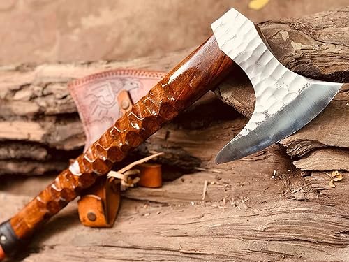 Hacha SBS - Hacha hecha a mano con mango de madera de ceniza, hacha al aire libre con diseño de barba profunda, hoja de acero al carbono forjado,