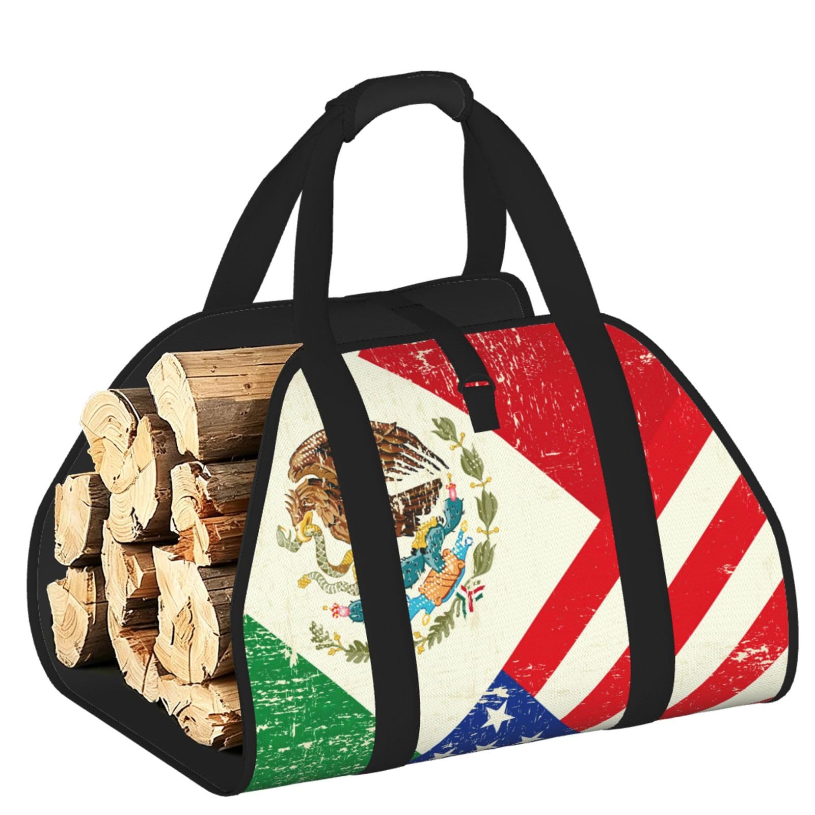 Mexican American Flag Printed Firewood Carrier Bag, Log Tote with Open-Ended Design for Camping Outdoor Wood Hauling