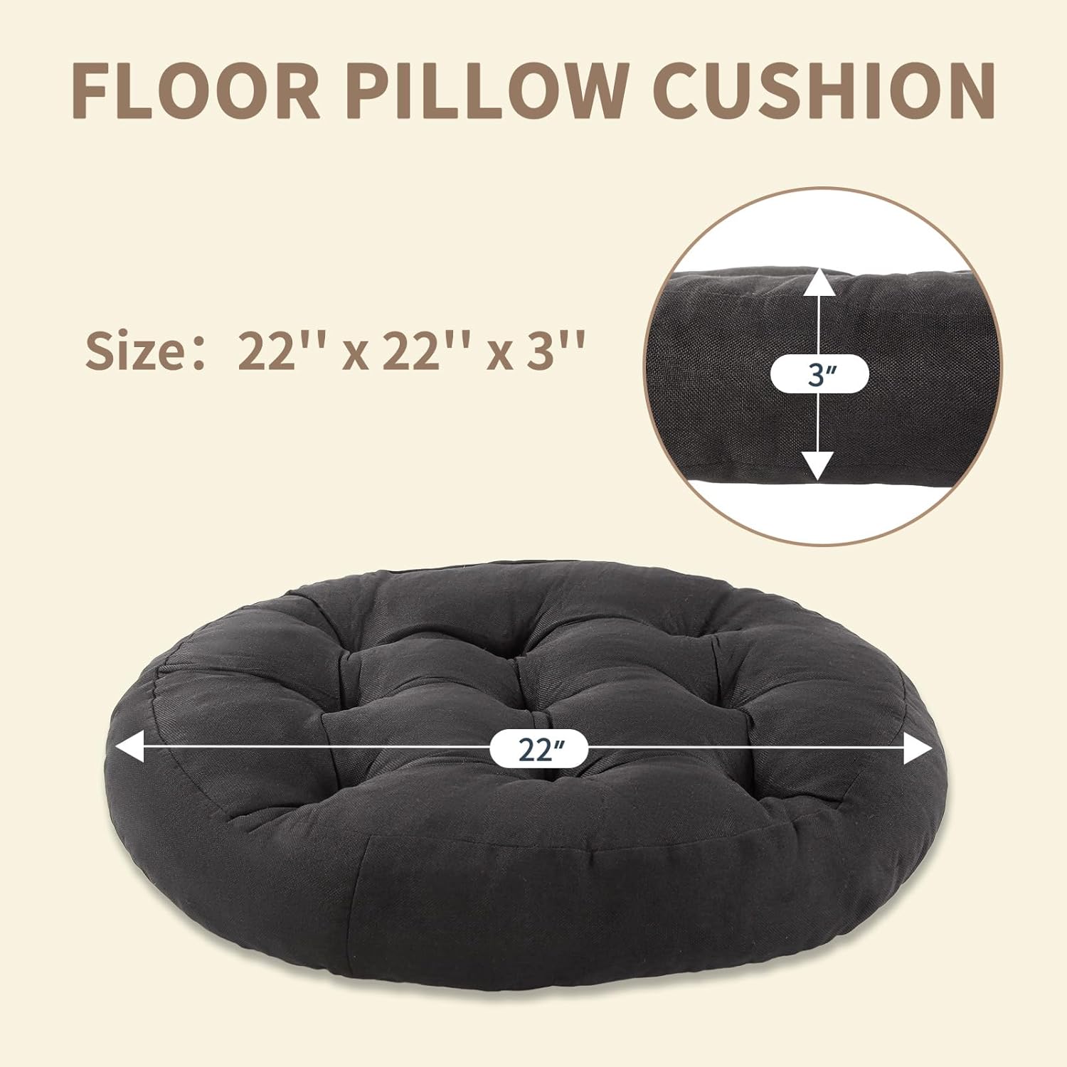Meditation Floor Pillow, 2 Pack Round Floor Cushions for Adults, Button Tufted Seat Cushions for Yoga Tatami Living Room, Black, 22 x 22 x 4 in Set of 2 Black