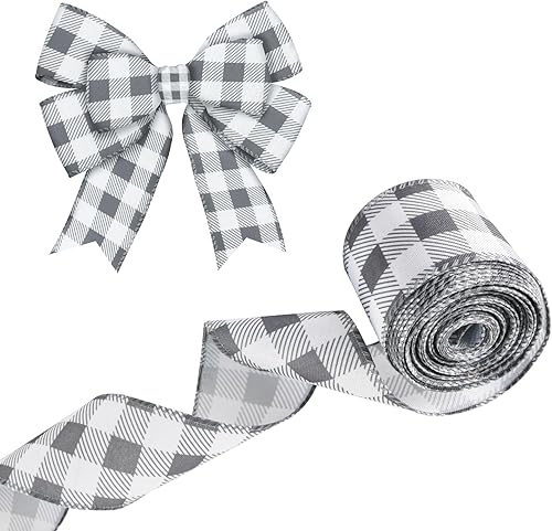 Cinta de borde con alambre, cuadros grises de búfalo de 10 yardas y 2.5 pulgadas, cinta de poliéster con alambre, cintas decorativas para fiestas de
