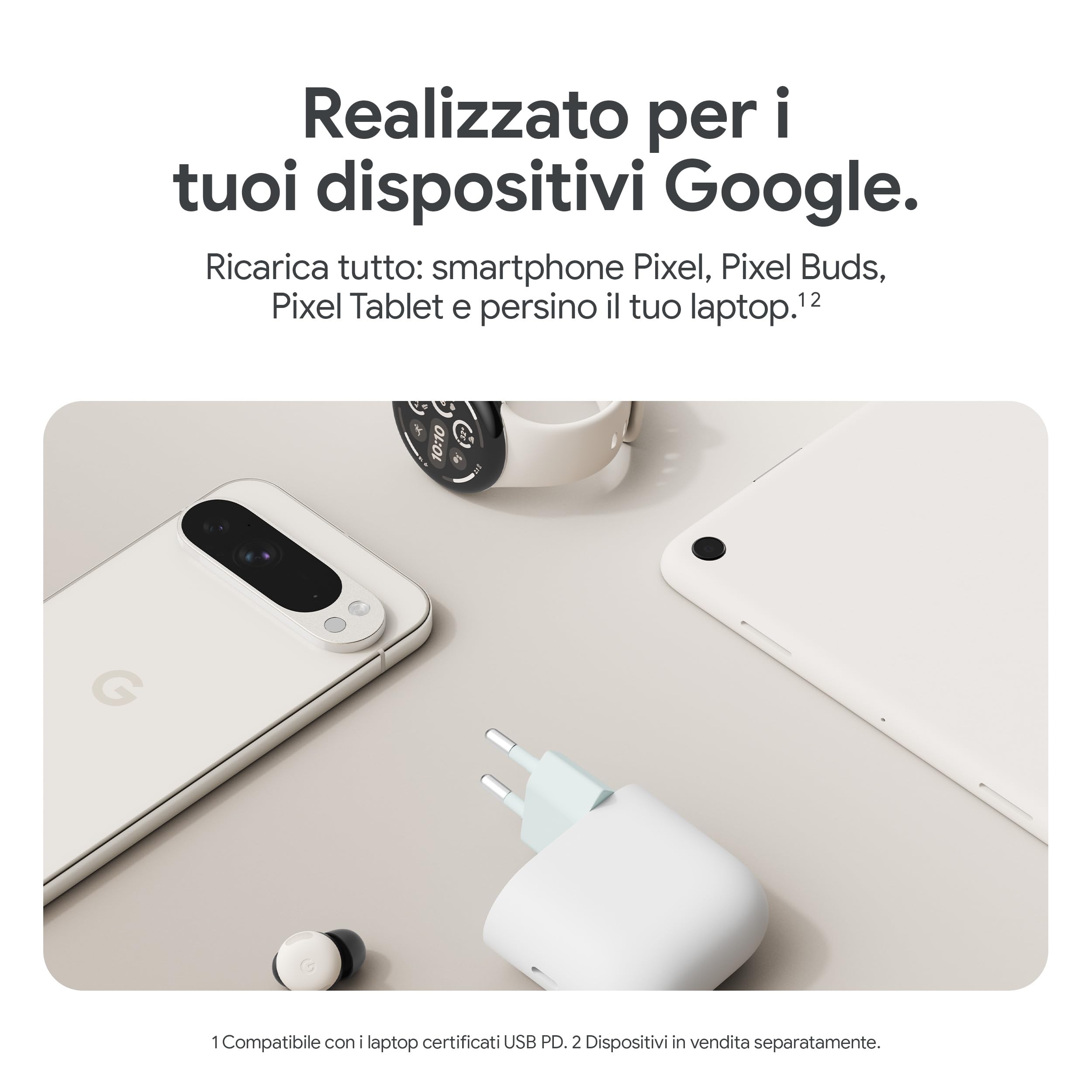 Caricatore Google USB-C 45 W - Caricatore per la ricarica rapida di smartphone Pixel - Compatibile con i prodotti Made by Google e altri dispositivi USB-C® - Bianco ghiaccio