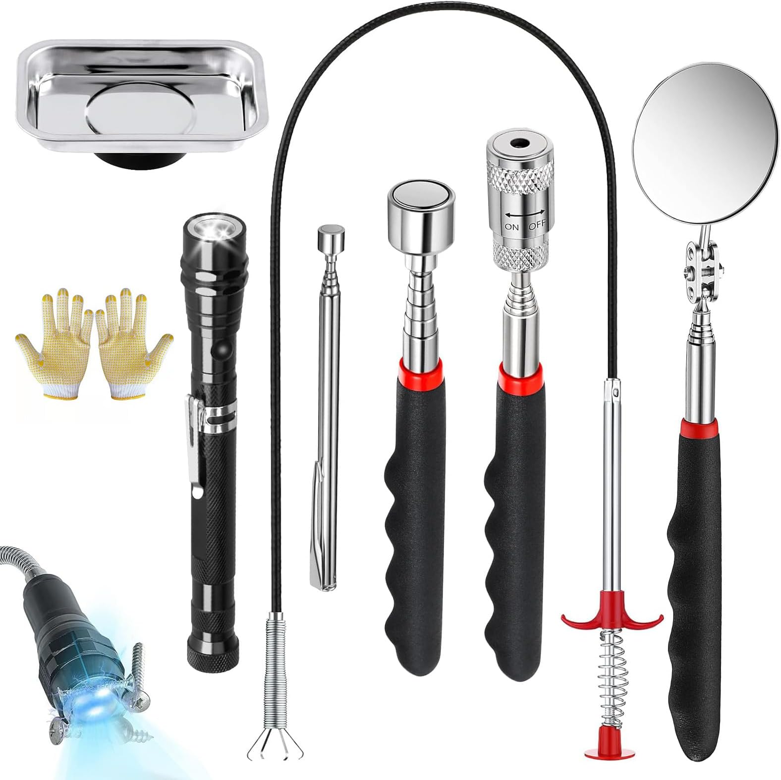 IS MUHE 8Pcs Magnetic Tool Set,® Square Magnetic Tray Holder,3lb and 10lb Magnet Sticks,8lb Scalable rotation LED Flash Light Retriever Wand,Claw Grabber,Telescoping Inspection Mirror