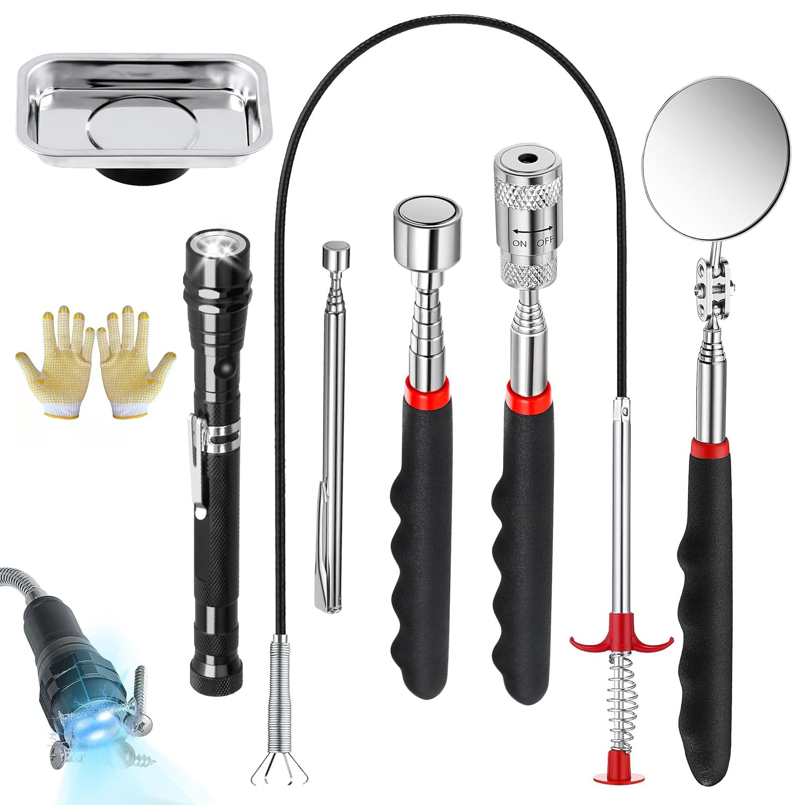 IS MUHE 8Pcs Magnetic Tool Set,® Square Magnetic Tray Holder,3lb and 10lb Magnet Sticks,8lb Scalable rotation LED Flash Light Retriever Wand,Claw Grabber,Telescoping Inspection Mirror