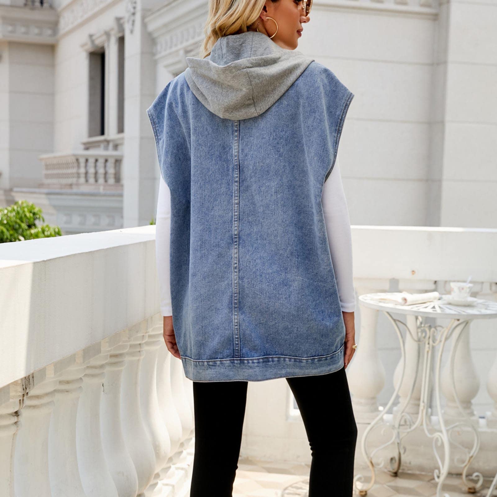 2023 Gilet Veste en Jean Femmes à Capuche Couleur Unie sans Manches Denim Vintage Col en V Bouton Gilet Débardeur Veste Cardigan Décontracté Veste en Jean Casual Court Gilet Manteau avec Poches