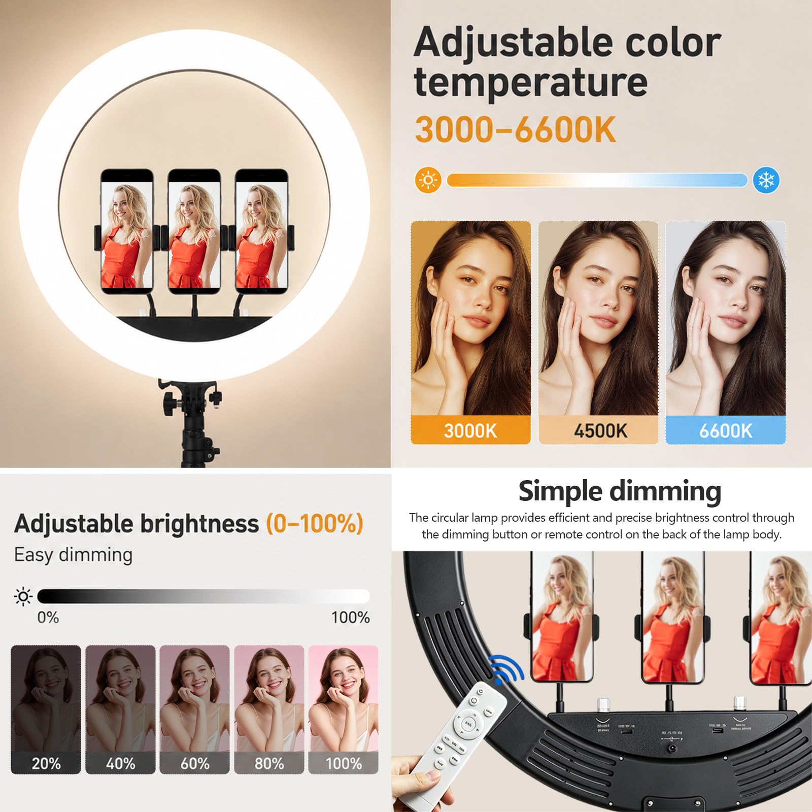 Juego de luz de anillo de 22 pulgadas con soporte de pared, brazo ajustable, incluye mando a distancia, soporte para teléfono móvil, bolsa de transporte, soporte estable de pared y techo para estudio