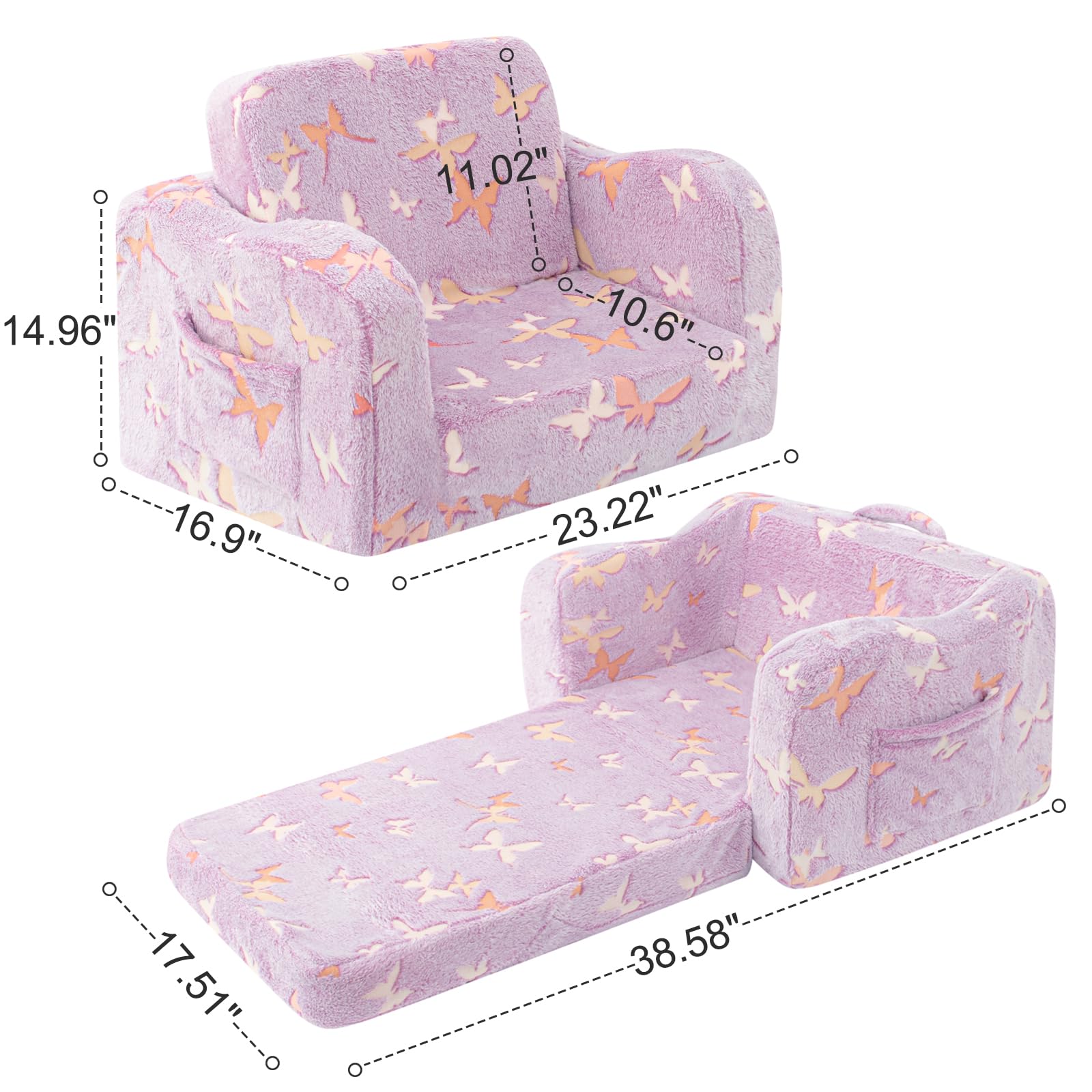 Silla para niños pequeños, sofá plegable 2 en 1, sillas convertibles para niños pequeños, cómodo sofá a tumbona con función que brilla en la oscuridad, suave para niñas y niños, mariposa 3