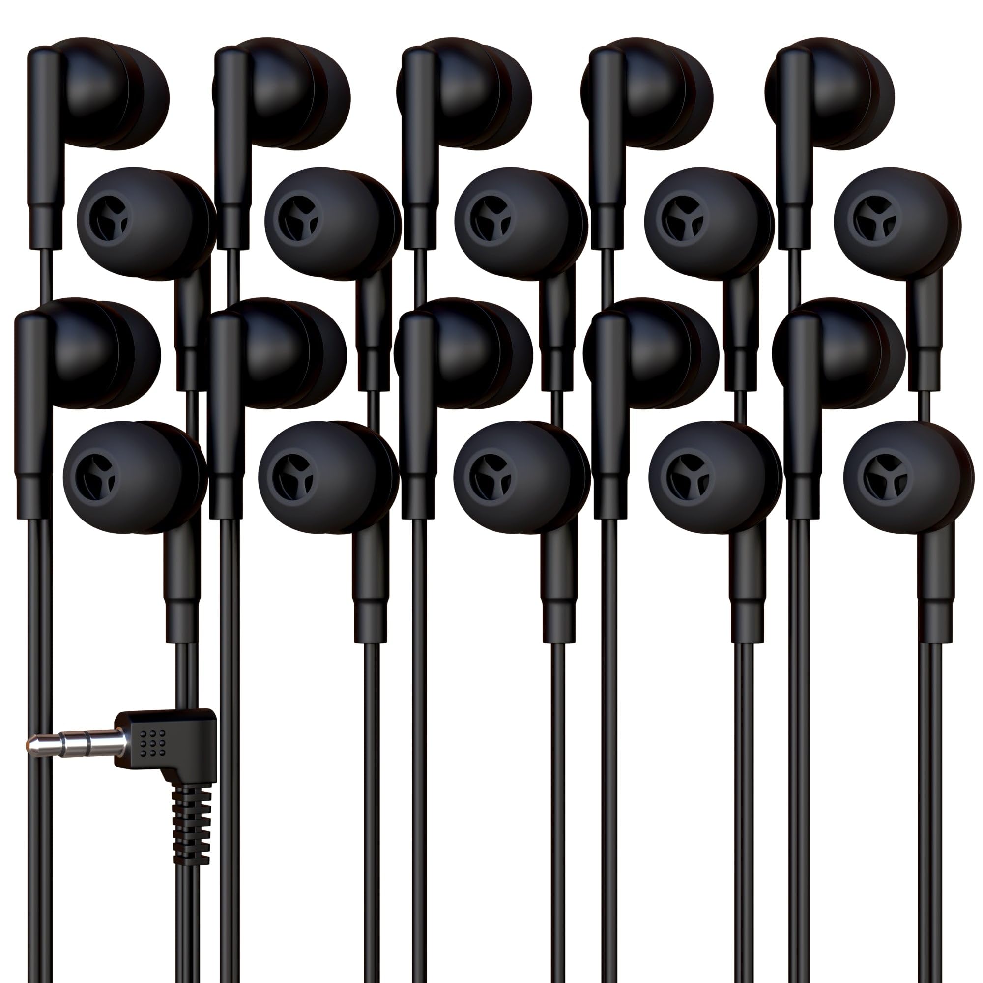 500-pack wired earbuds in black with 3.5mm jack and 4ft cable