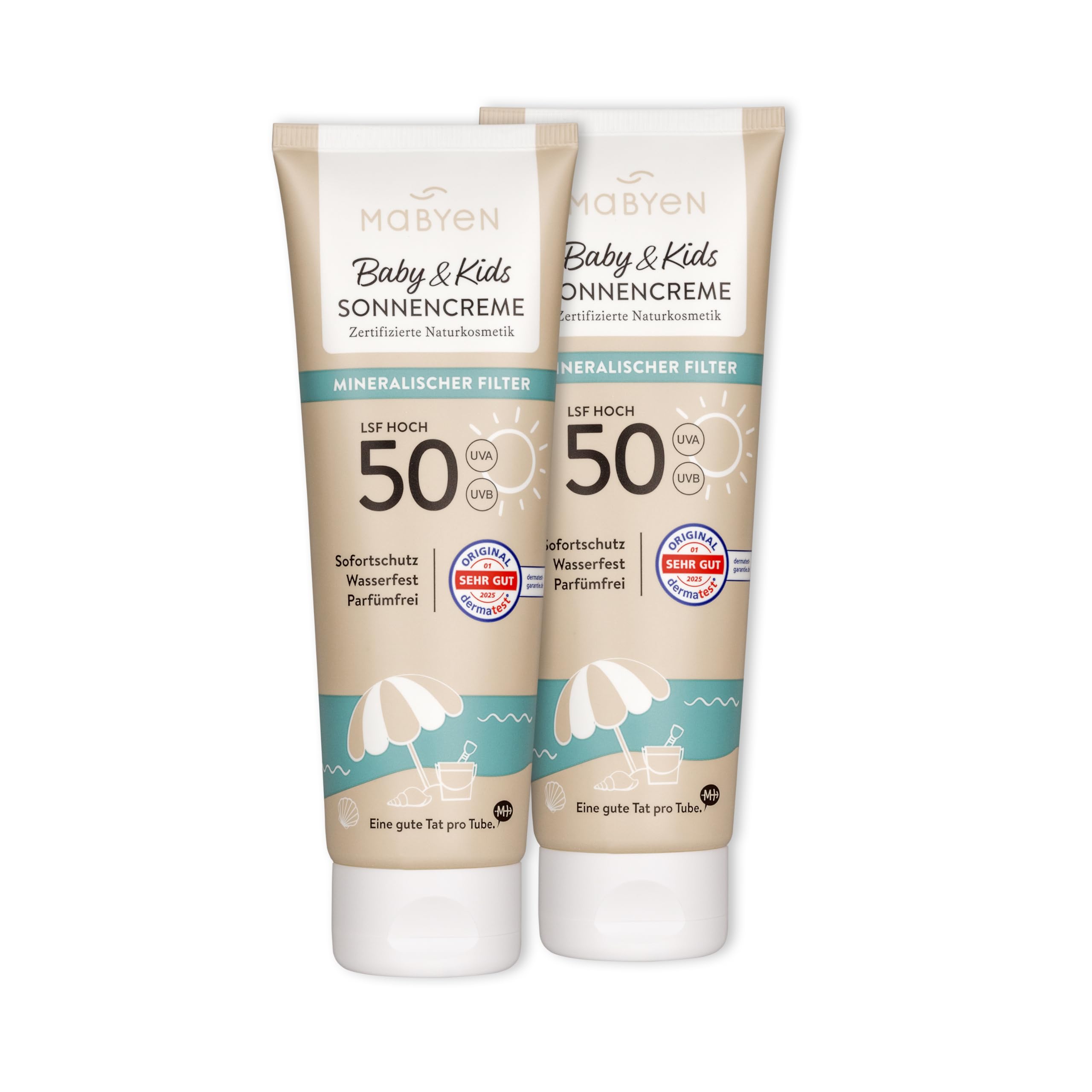 MABYEN Crème solaire 100% minérale pour bébés et enfants SPF 50, lot de 2 x 100 ml –avec filtre minéral UVA/UVB– résistante à l'eau, cosmétique naturel sans parfum, vegan
