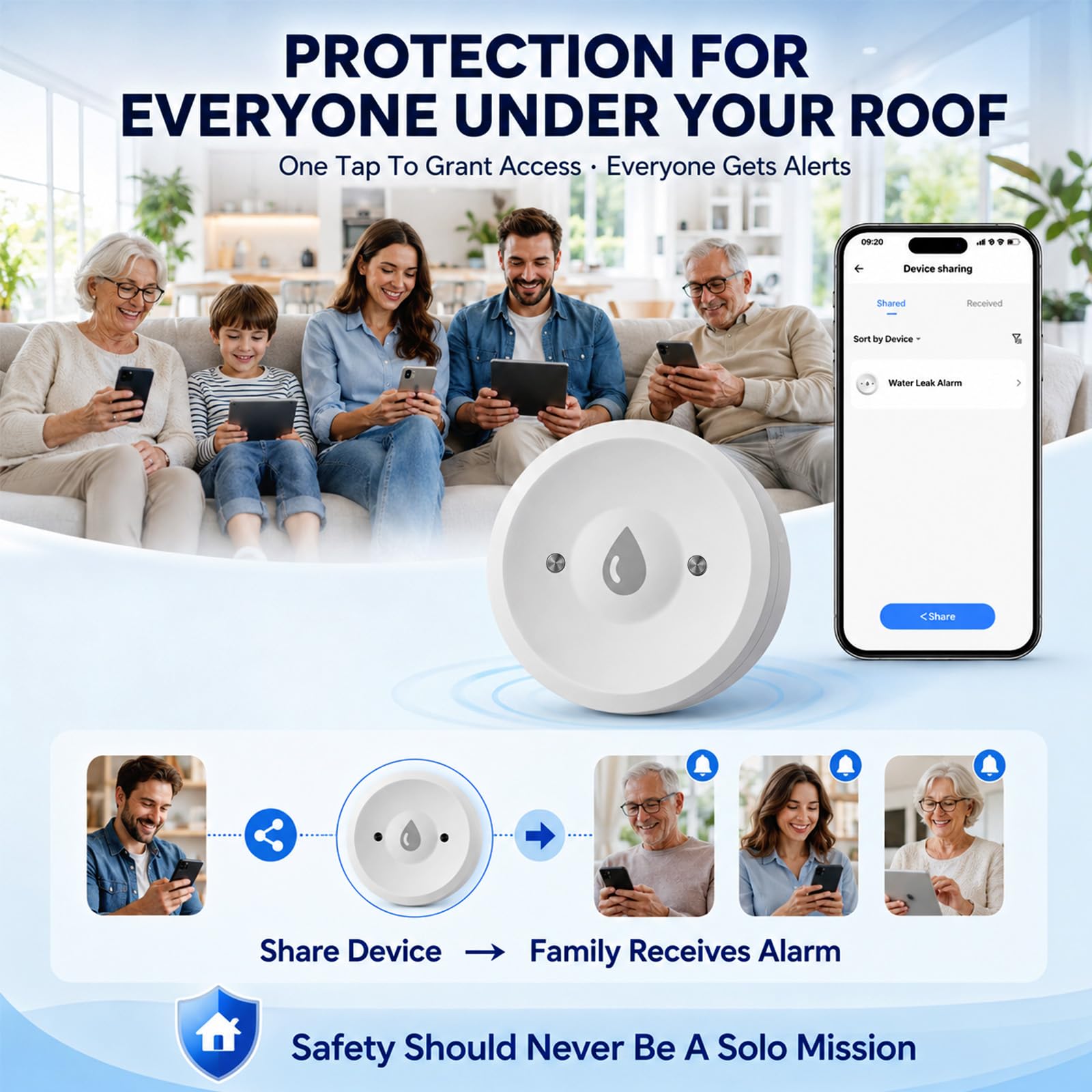 Lot de 4 détecteurs de fuites d'eau avec notification d'application, capteur intelligent Wi-Fi 2,4 G, étanchéité IP67, alimenté par piles, alerte de gel, pour cuisine, salle de bain, cave, compatible
