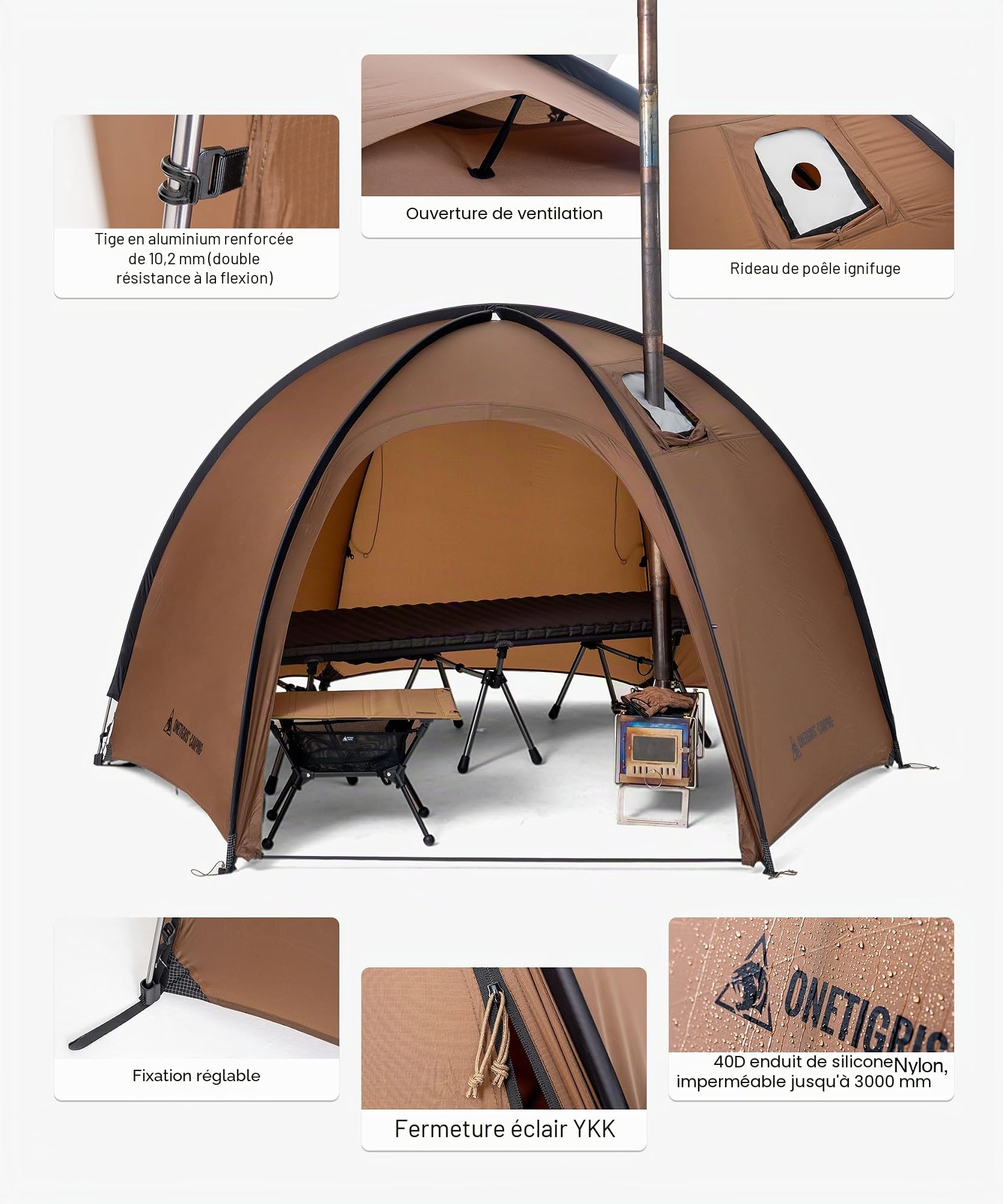 OneTigris Coco Nest Tente dôme avec ouverture pour cheminée, tente chaude avec moustiquaire intérieure pour 1 personne, tente de camping étanche 3000 mm, pour solocamping, randonnée et plein air