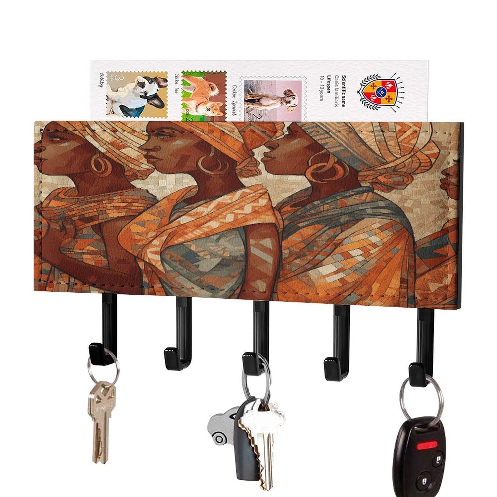 VstaDank Africa Ethnic Pottery Key Holder for Wall Decorative Mail Organizer Wall Mount with 5 Hooks Easy Installation Key Rack PU Adhesive Keys Rack for Entryway Door Bathroom Kitchen