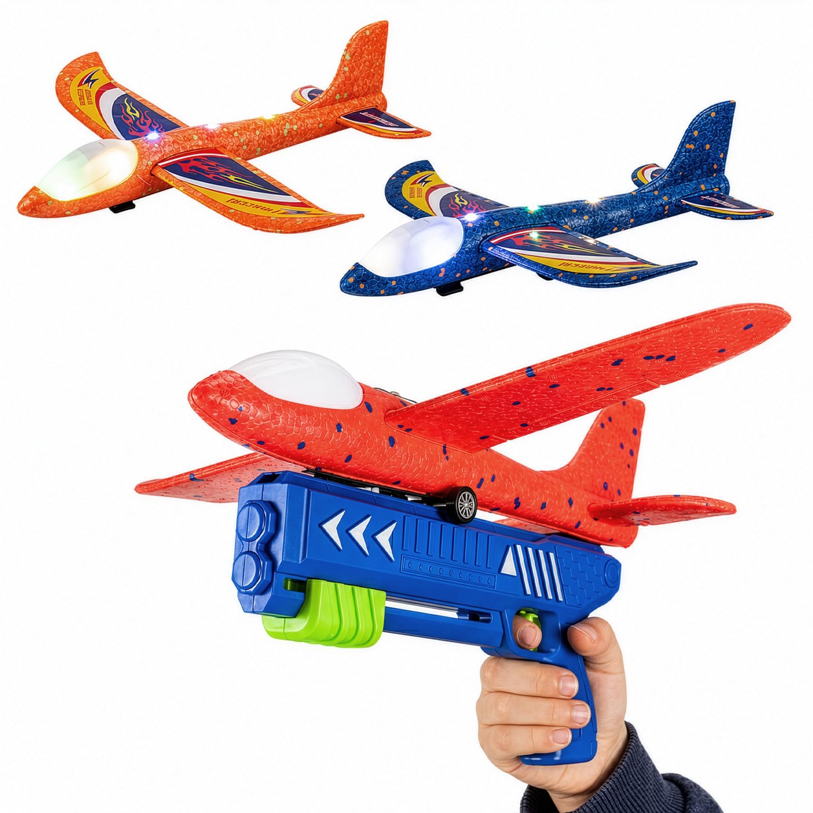 SUNNYNEST Foam Airplane Launcher Toy 3 Pack LED Glider Planes with Catapult Launcher, Outdoor Flying Age Safe Soft Foam Aeroplane Gift for Birthday Party Garden Games