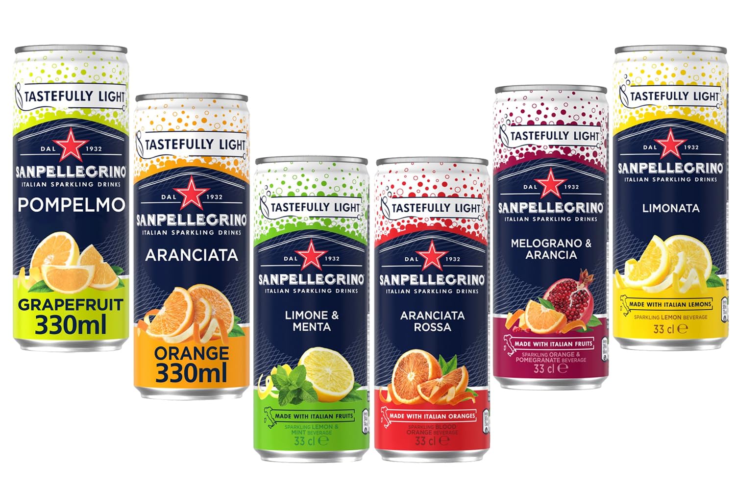 VSTAR San Pellegrino Sparkling Fruit Beverages Drink- Orange, Lemon & Mint, Pomegranate & Orange, Lemon, Blood Orange, Grapefruit - 330ml Cans (18)