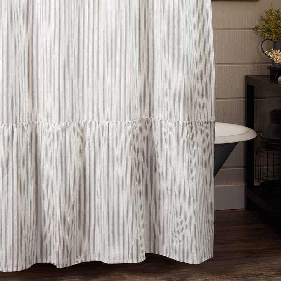 Piper Classics Timeless Ticking Ruffled Shower Curtain, 72" L x 72" W, Soft White and Gray Ticking Stripes, Vintage Farmhouse Chic Bath Accent