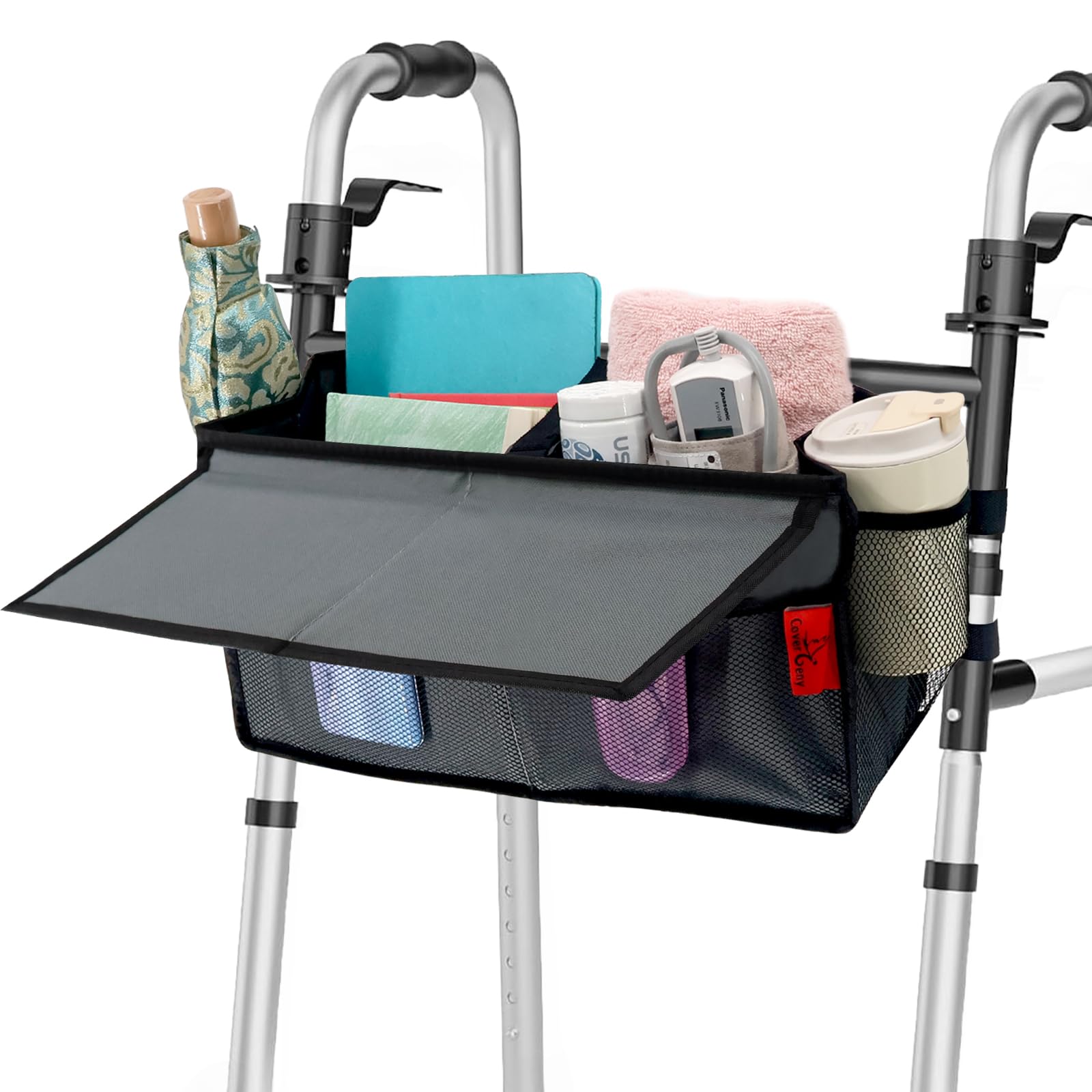 Walker Basket for Width 16"-20" Folding Walkers/Rollators, Large Capacity Walker Storage Baskets with Cup Holder, Lid &amp; Multiple Pocket, Easy to Use Walker Tote Bag for Seniors, Gray.