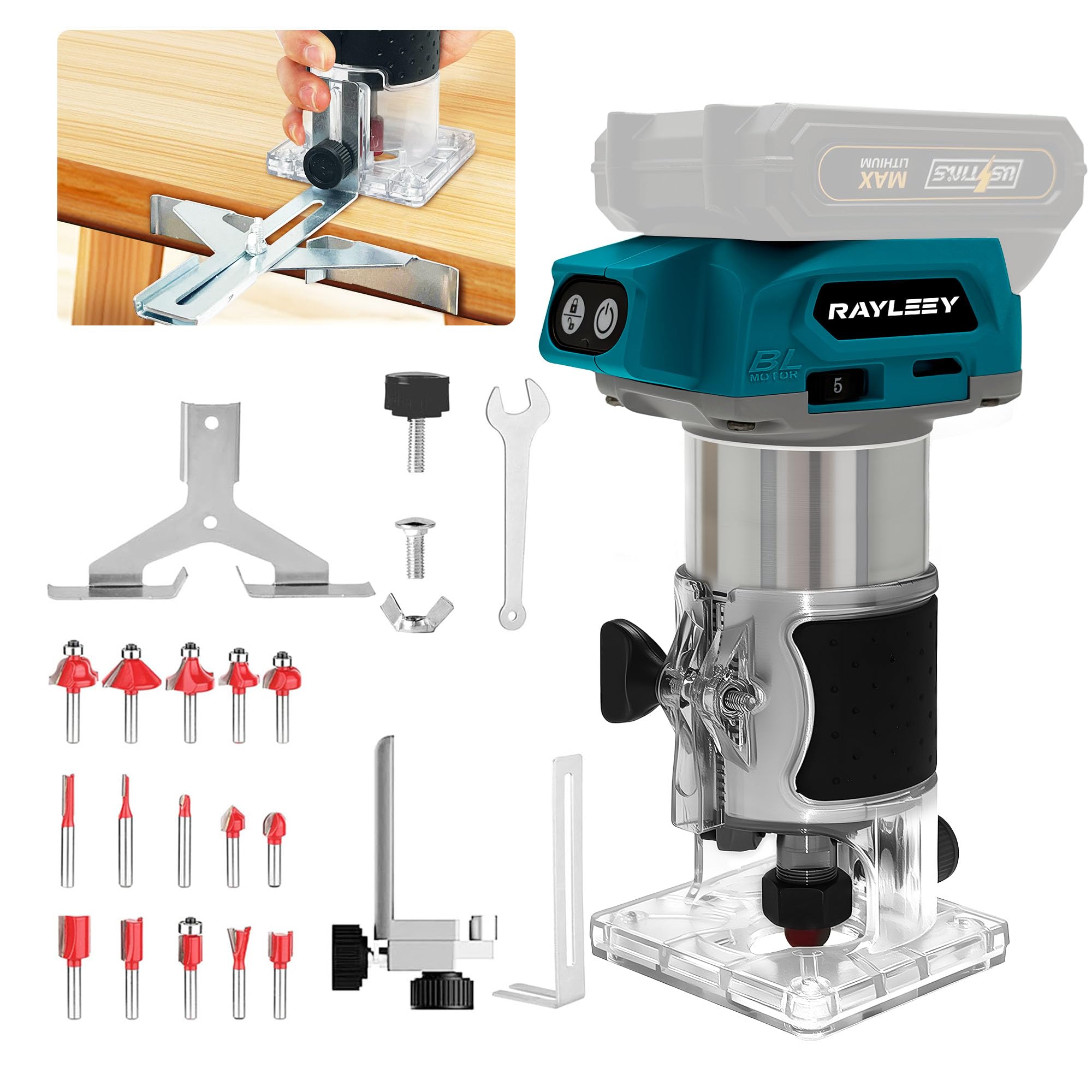 Cordless Router Compatible with Makita 18V Battery, 800W Brushless Wood Trimmer with 5-Speed, Straight Guide, Guide Wheel, 15 1/4-Inch Bits and Spanner, Palm Router for Woodworking (Tool Only)