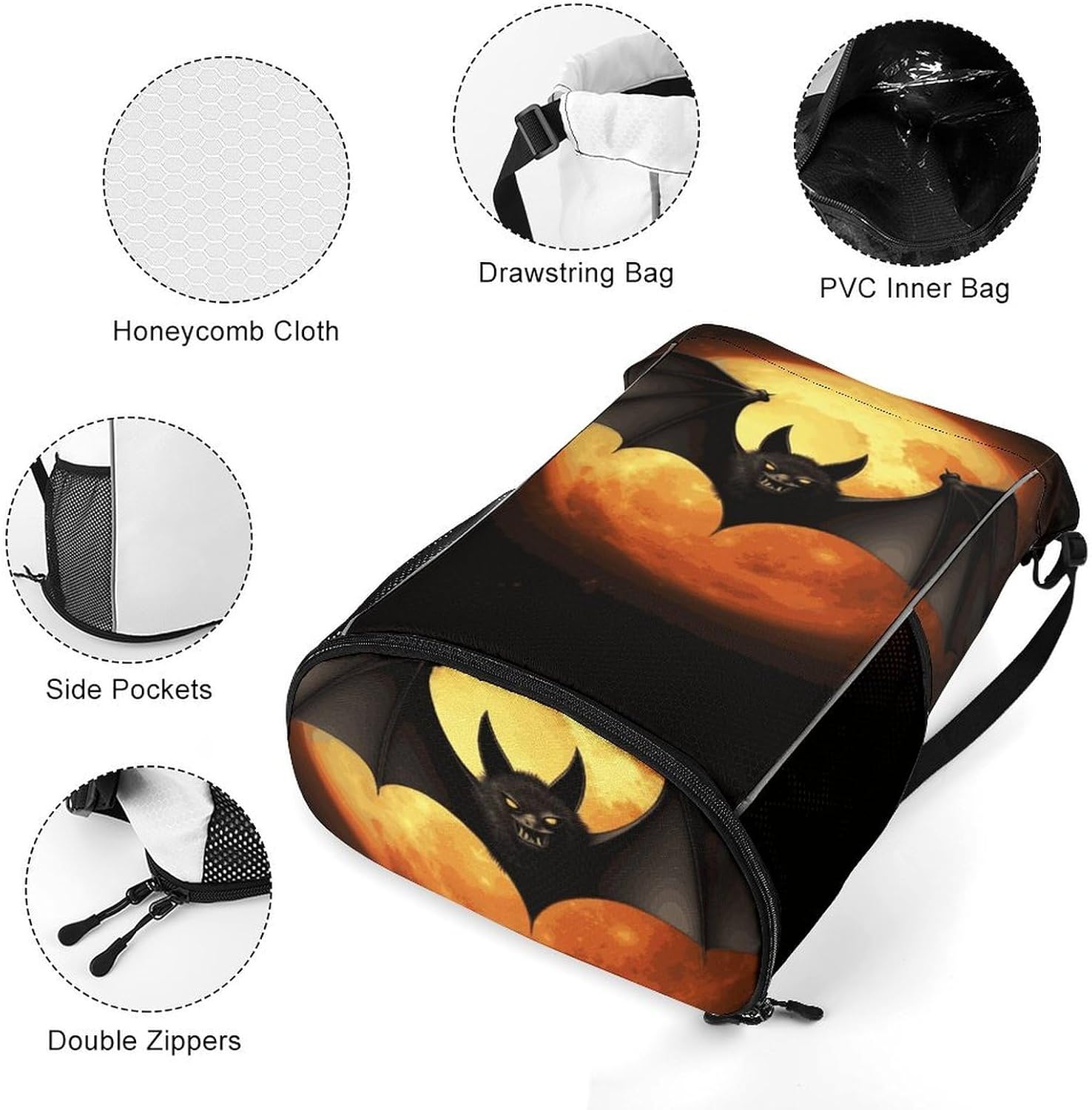 Halloween Bat Drawstring Backpack, Sports Gym Bag with Bottom Pocket And Mesh Pockets, String Bag for Men Women