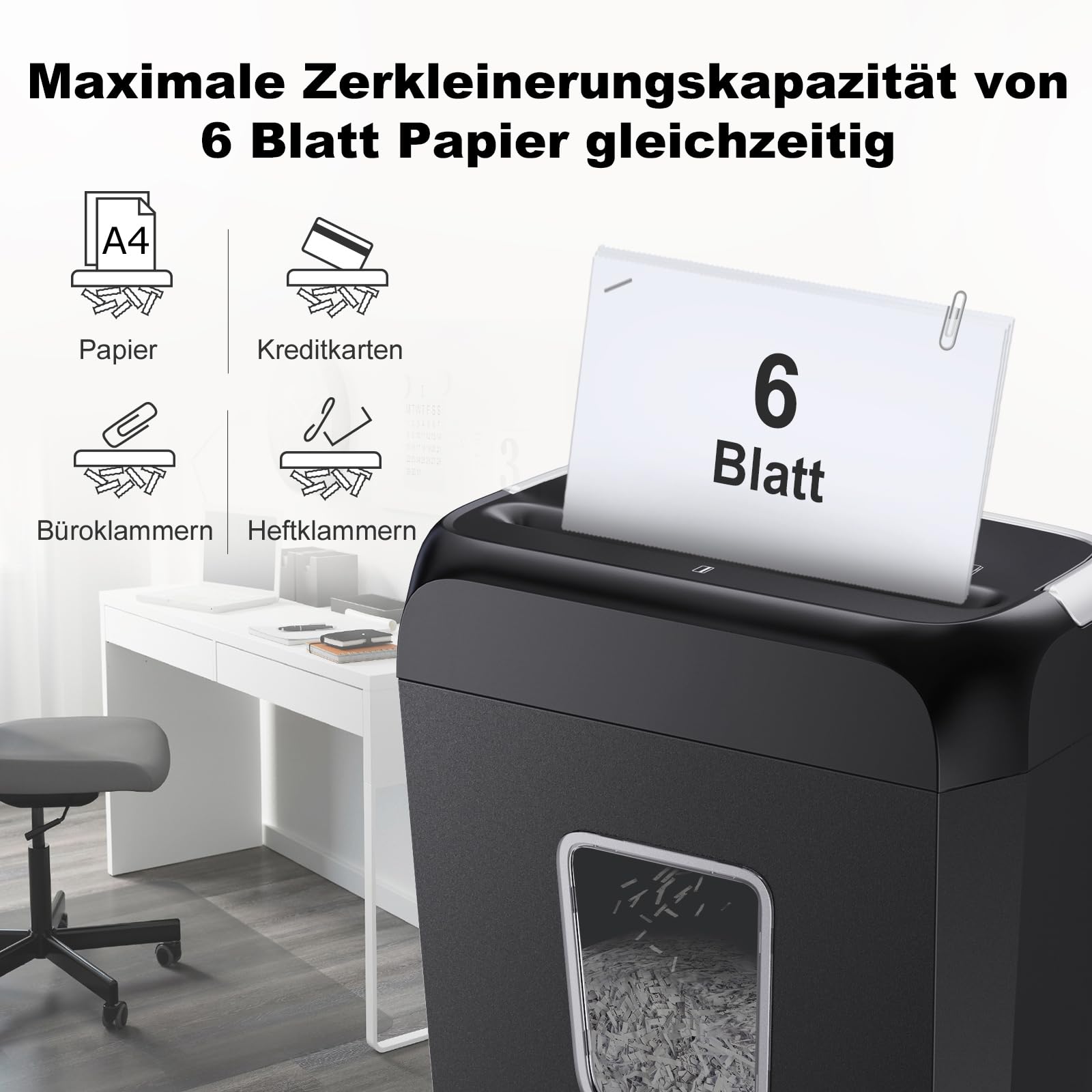 Bonsaii Aktenvernichter P-4, Papierschredder 6 Blätter, Kreditkarten & Büroklammern, 13-Liter Papierkorb C237-B