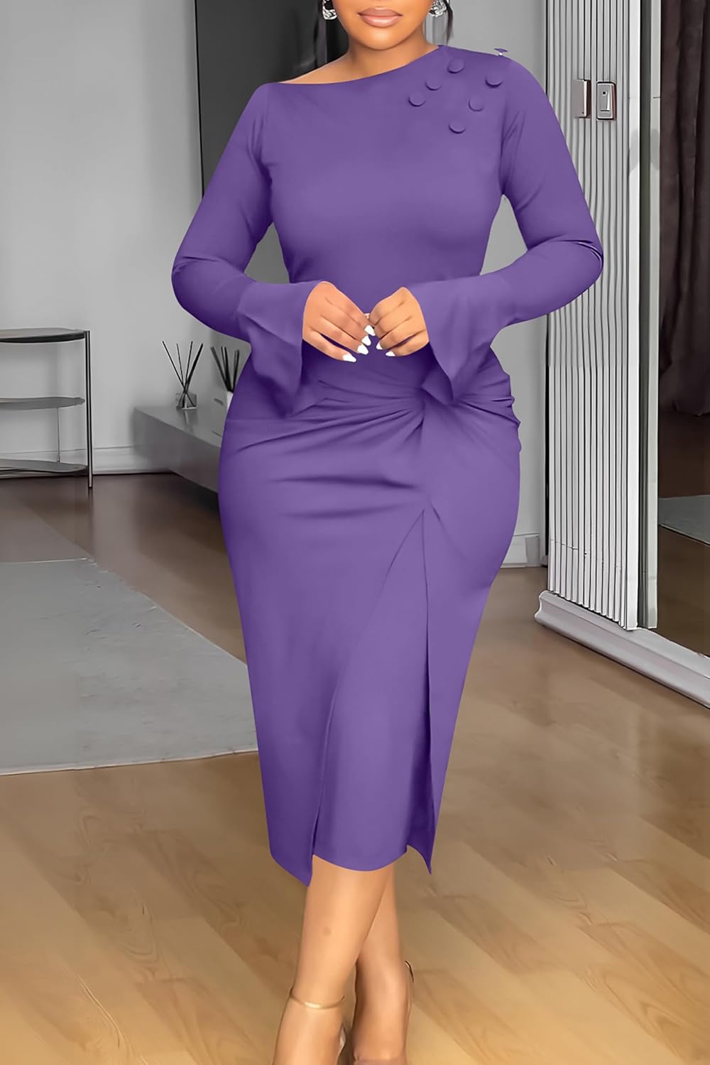 Twist Front Wrap Long Sleeve Dress for Women Button Decoration Ruched Midi Party Dresses - Image 2