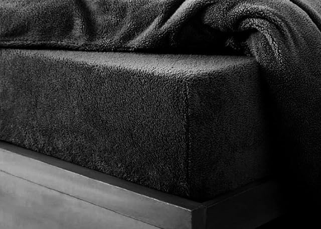 Glamptex Deep 30CM Teddy Bear Fur Sherpa Fleece Fitted Sheet, Single Double King Super (Black, Double)
