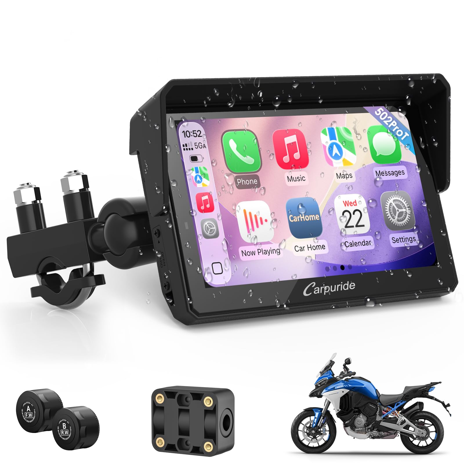 Photo 1 of Carpuride W502TPRO for Motorcycle CarPlay& Android Auto& TPMS& Dual Bluetooth - 5" Waterproof GPS Navigation Screen for Motorbike, Music Sharing, Intercom, EQ, Light Sensor, Compass, Barometer