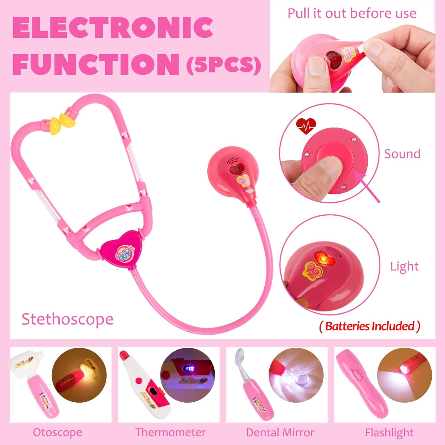 Liberry Doctor Kit for Toddlers 3-5 Years Old, 18-Piece Doctor Bag Pretend Play Toys, Durable Medical Kit with Toy Stethoscope, Pink Doctor Gift for Girls Pink Bag image 3 of 8 B09T66L7HZ