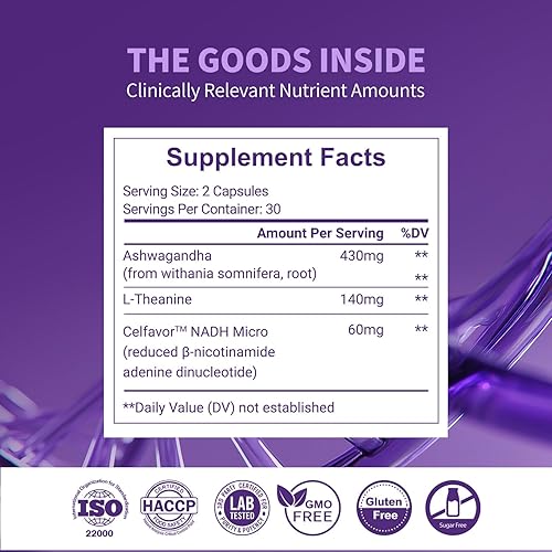 Miniatura 7 de Suplemento de L-teanina con NADH  Relaja, Descanso, Calma, Estado de ánimo y Apoyo al Sueño  Ashwagandha para Mujeres  60 Cápsulas