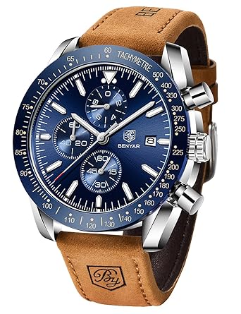 BENYAR Men's Chronograph Watches, Leather Strap, Waterproof and Scratch Resistant,Business Quartz Watch