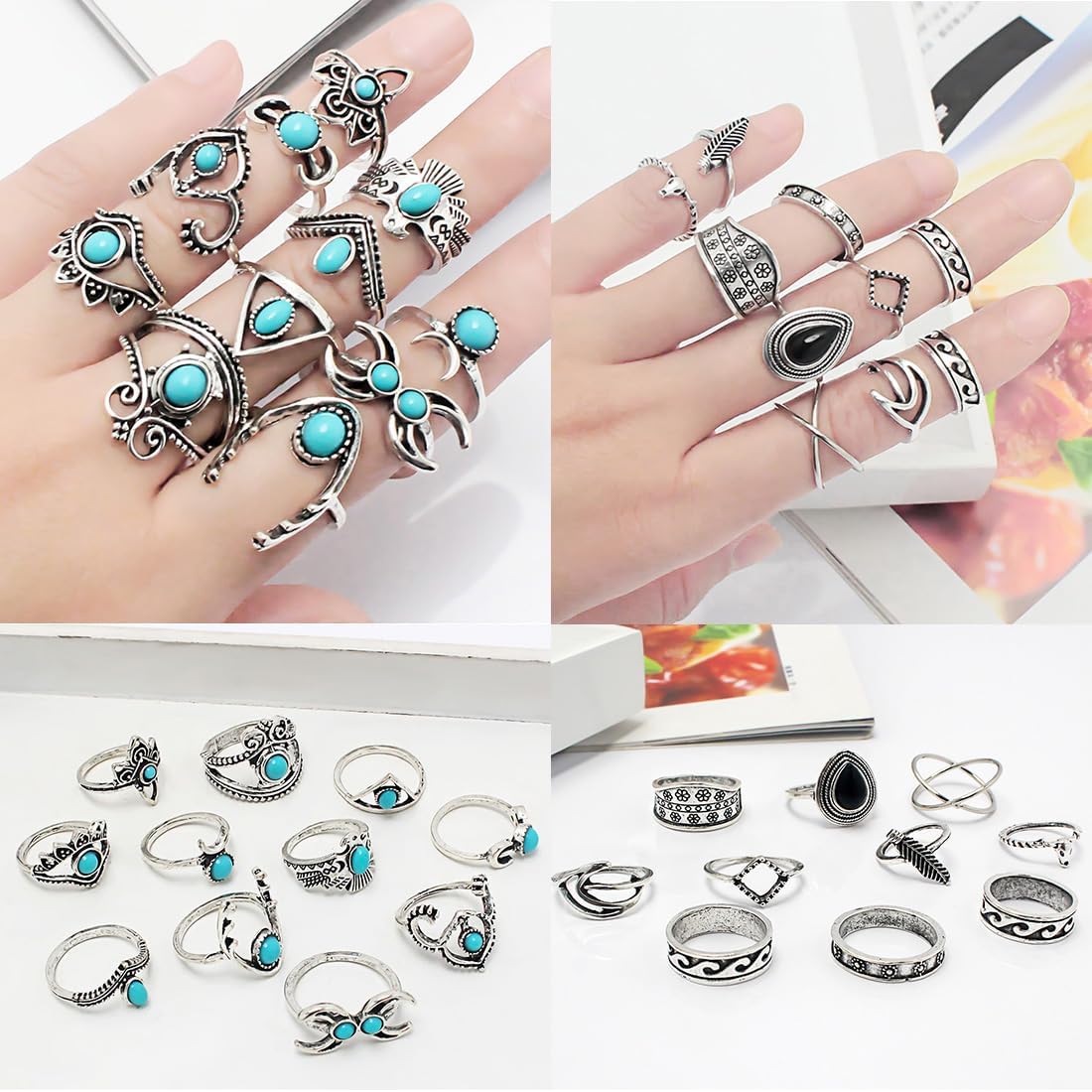 64 pieces Silver Bohemian Jewelry Sets with 6 pcs Turquoise Necklaces 7 pcs Bracelets 15 pairs Earrings 21 pcs Knuckle Rings Suitable for Daily life Gatherings Party Festivals and Travel - Image 5