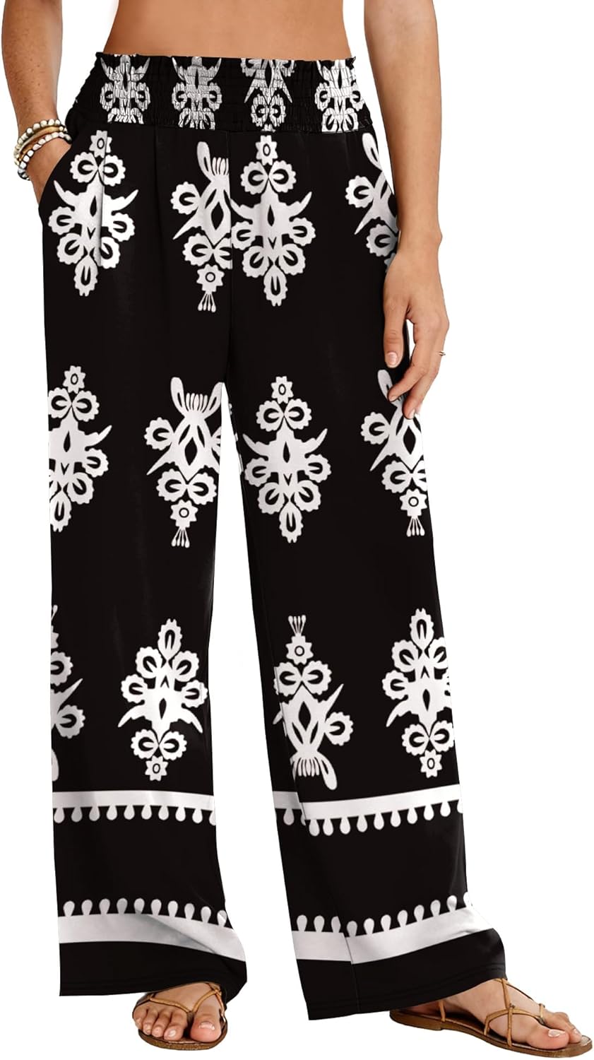 LOMON Palazzo Pants for Women Casual Wide Leg Flowy Pants Beach Vacation Clothes Elastic Waist Boho Trousers with Pockets
