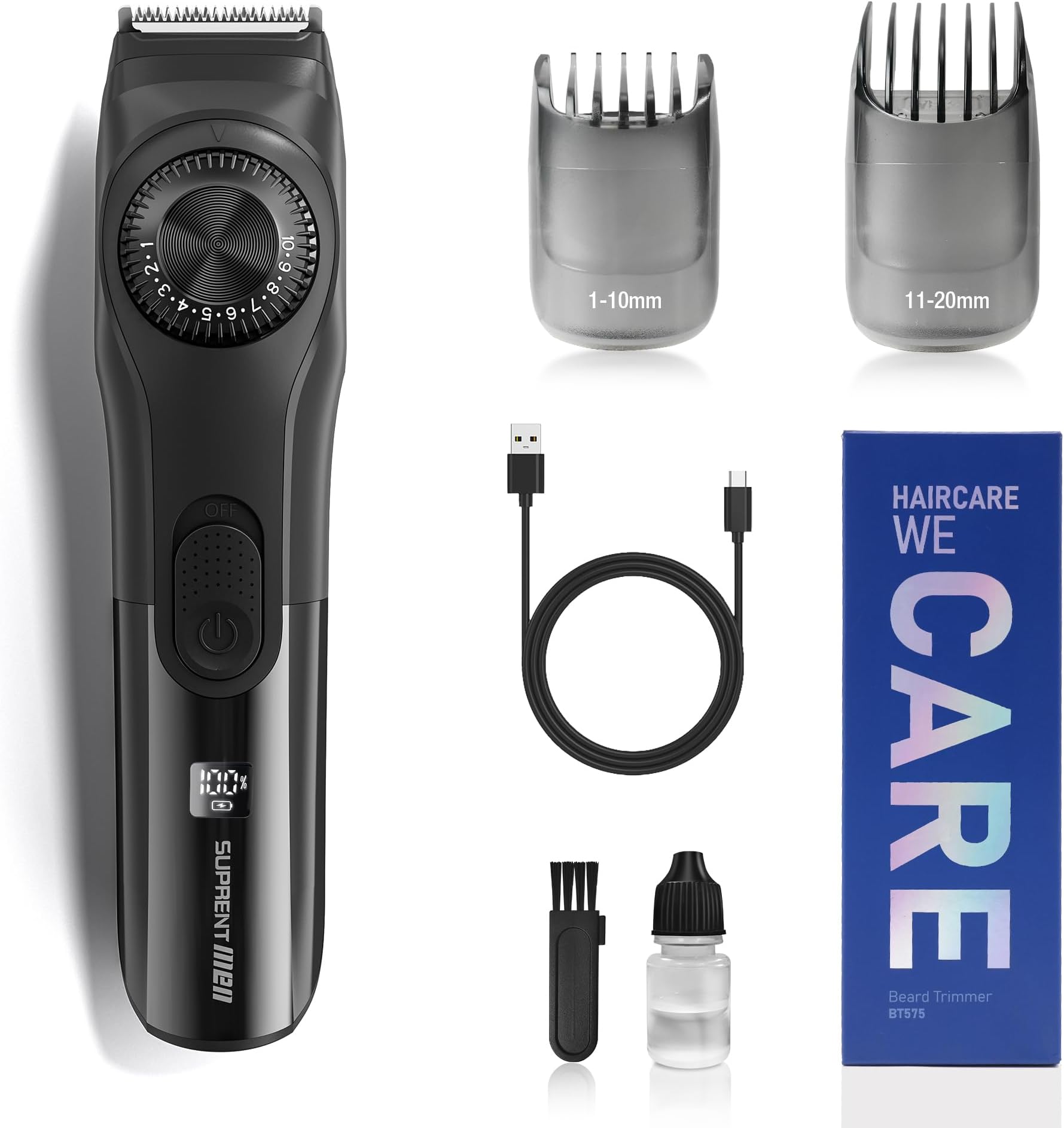 SUPRENT Beard Trimmer,Adjustable Beard Trimmer for Men with Li-ion Battery,Fast Charge, Long-Lasting Use,19 Built-in Adjustable Precise Lengths,USB Charging