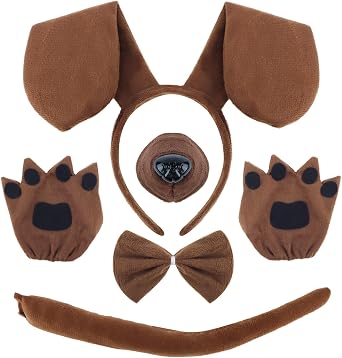 Dog Ears Headband and Tail for Adult Women Hair Accessories Puppy Ears Brown Dog Costumes Set Dogs Nose, Bowtie, Gloves and Tail Animal Costumes for Women