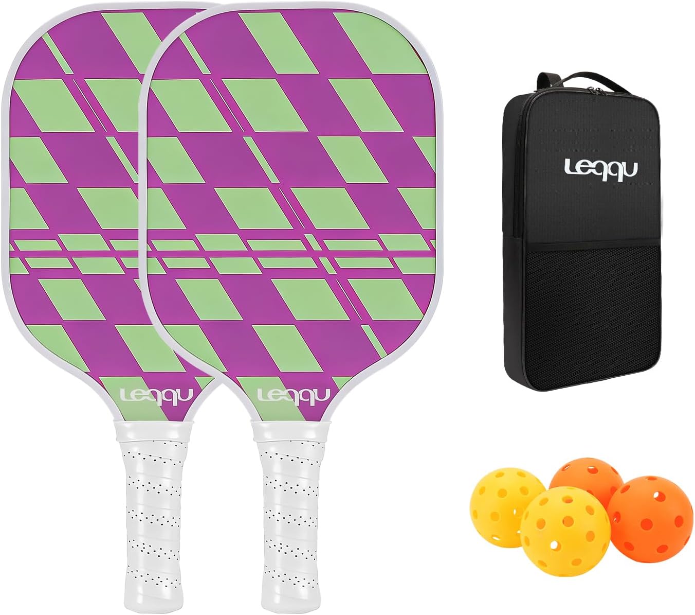 Fiberglass Pickleball Paddles Set of 2, Lightweight Pickle Ball Rackets Kit with Honeycomb Core Control Durable, 4 Outdoor Indoor Balls and Carrying Bag for Men Women
