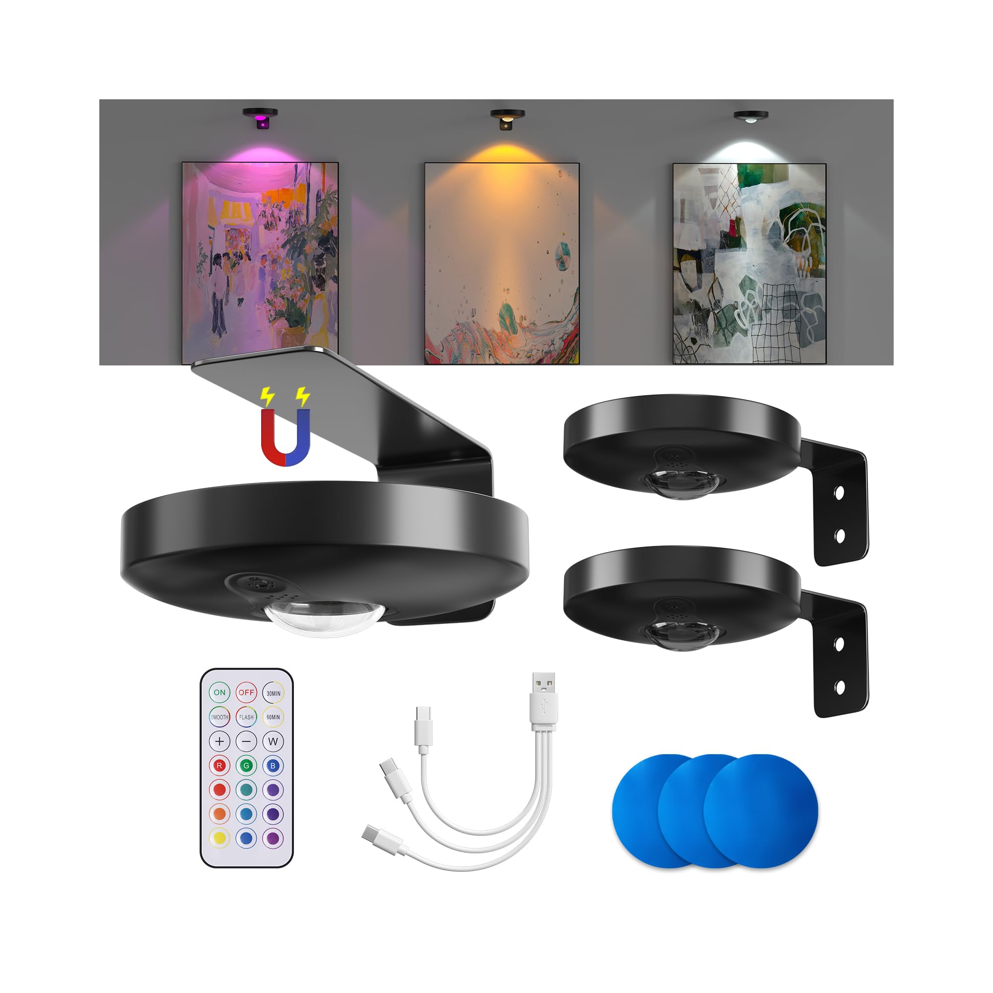 3 Pezzi Luce per Quadri Senza Fili con Telecomando Luci per Quadri Senza Fili Ricaricabili con Timer, 12 colori RGB LED Luce per Quadri a Batteria, Magnetic Painting Light per Cornici Cucine Vetrina