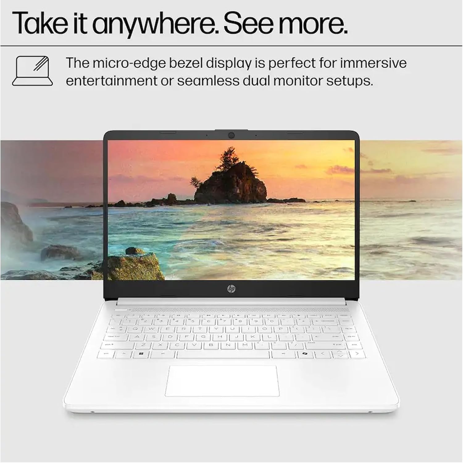 HP 14" Thin & Light Laptop: Long Battery Life, Intel 2-Core CPU, 4GB RAM, 64GB eMMC, Pre-Loaded Windows 11 with 1 Y Microsoft 365, HD Anti-Glare Micro-Edge Display, Copilot AI Key, White, RK Bundle