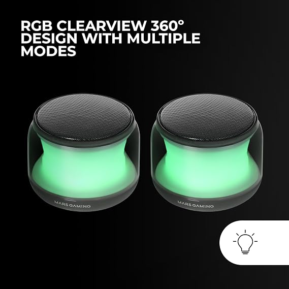Mars Gaming MS-Aura, Bluetooth 5.3 Speakers, 15W Custom DSP Chipset, RGB Lighting with Clearview Design 360º, Compact Speakers with Volume Control Box and RGB, AUX-IN Input, Black