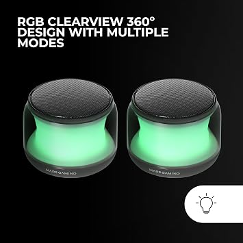 Mars Gaming MS-Aura, Bluetooth 5.3 Speakers, 15W Custom DSP Chipset, RGB Lighting with Clearview Design 360º, Compact Speakers with Volume Control Box and RGB, AUX-IN Input, Black
