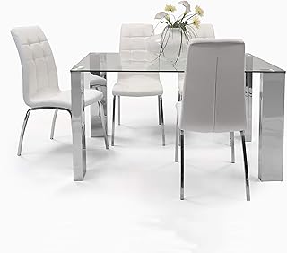 Homely | Conjunto Comedor Karina II | Mesa + 4 Sillas de Polipiel | Mesa Cristal y Acero Pulido | Sillas Acolchadas y Ergonómicas | Patas Acero Cromado | Color Blanco | Medidas 140x90 cm