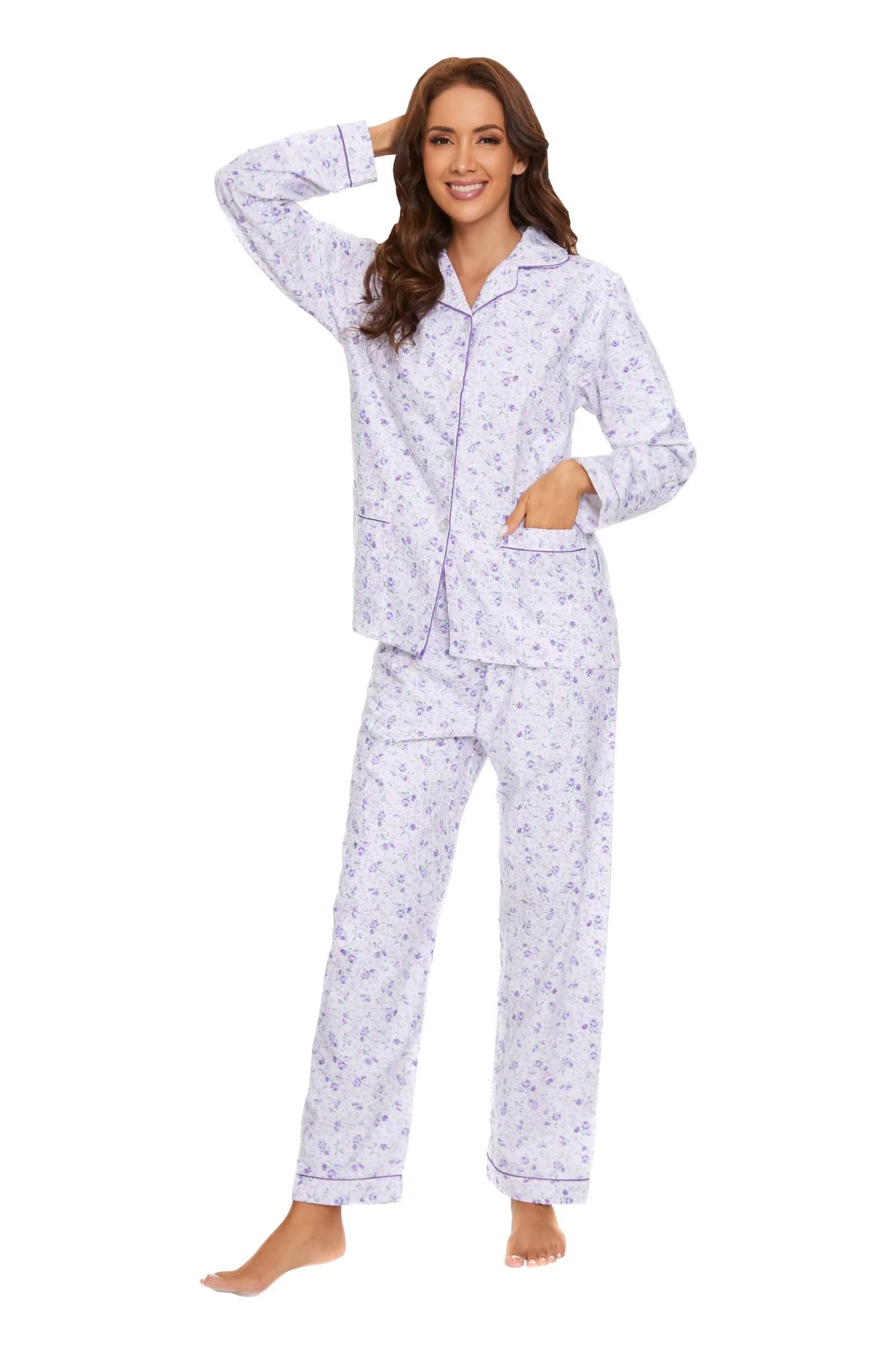 GLOBAL Women's Flannel Pajamas Set 100% Cotton PJs for Women Long Sleeve Button Drawstring Waist Warm Loungewear Sleepwear