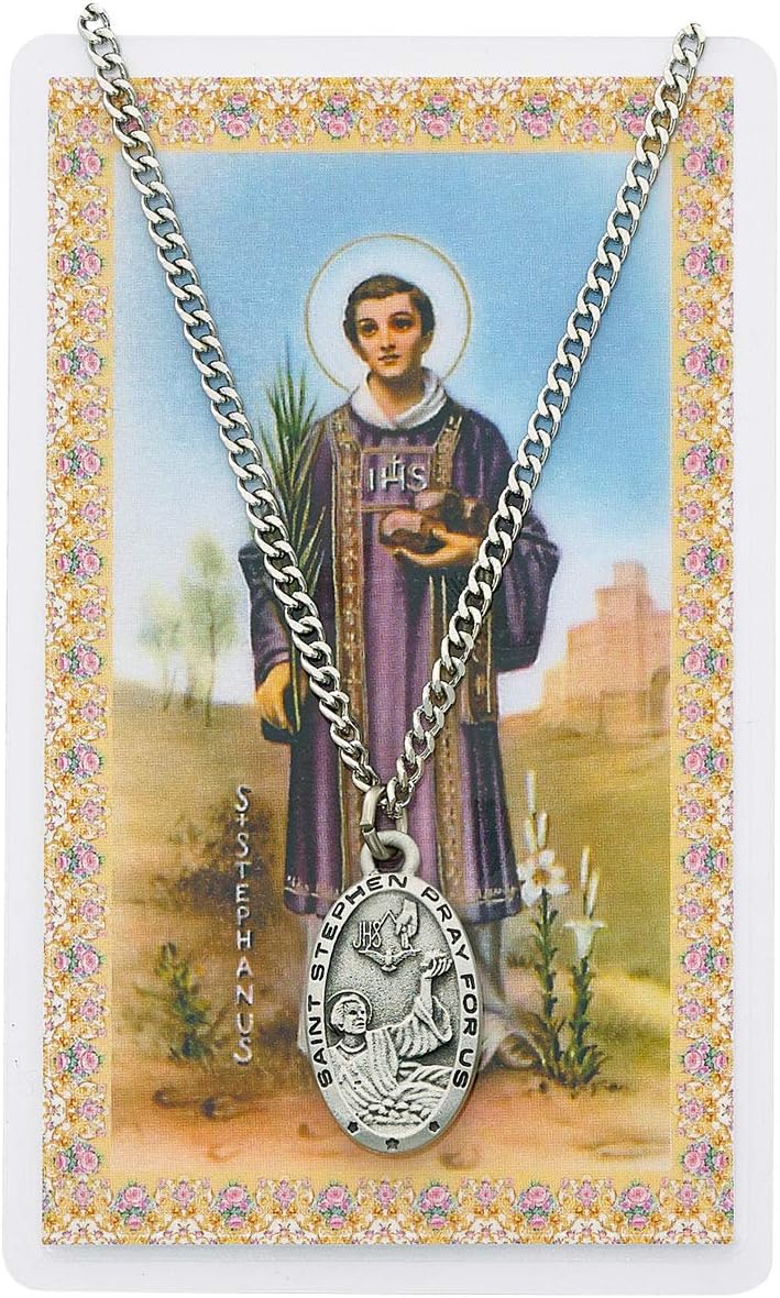 Pewter St. Pewter Stephen Medal & 24" Chain, Prayer Card Set,