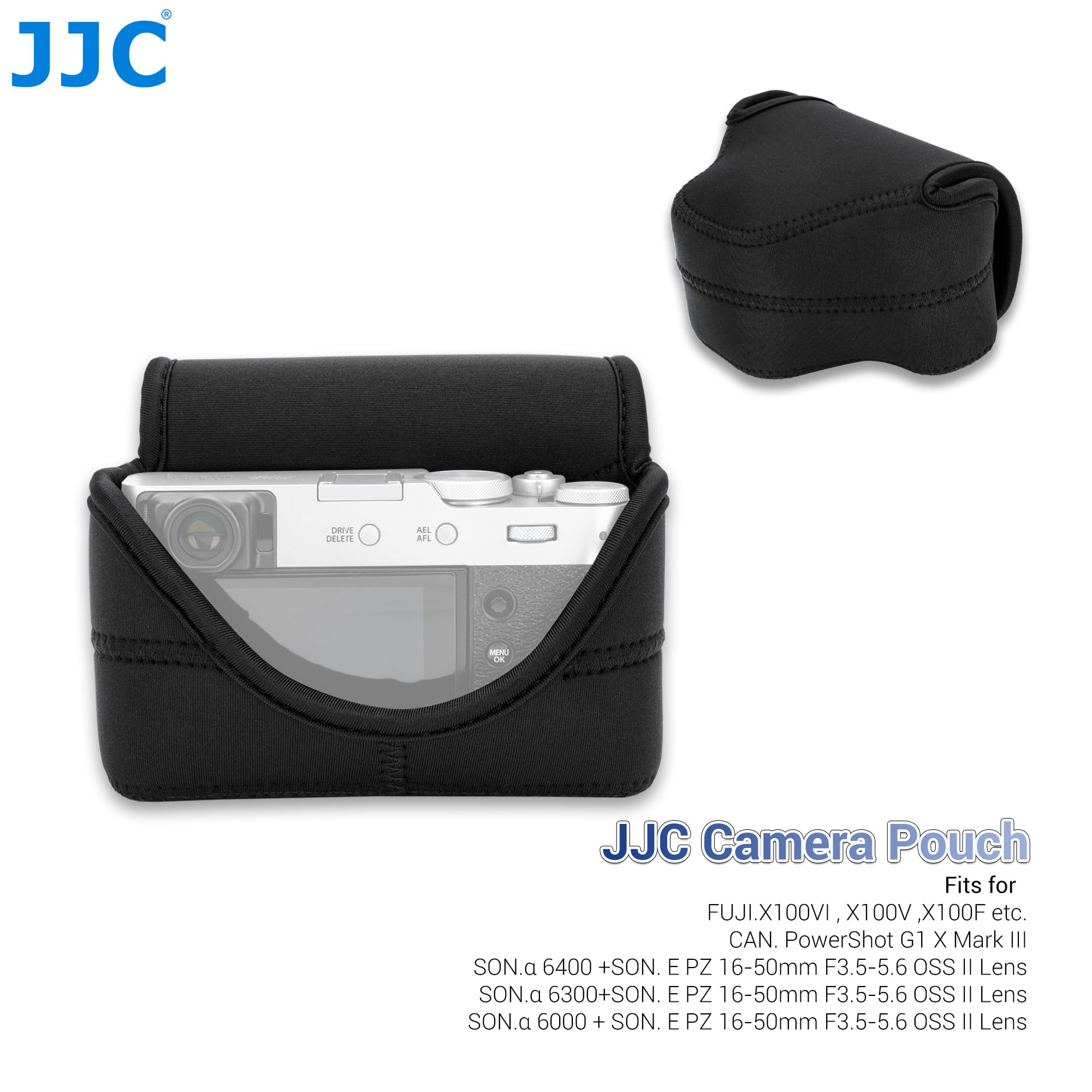 JJC Custodia per fotocamera leggera in neoprene compatibile con Fujifilm X-E5, X100VI, X100V, X100F, X100V, X100T, X100S, X100 con paraluce originale, custodia impermeabile per fotocamera integrata