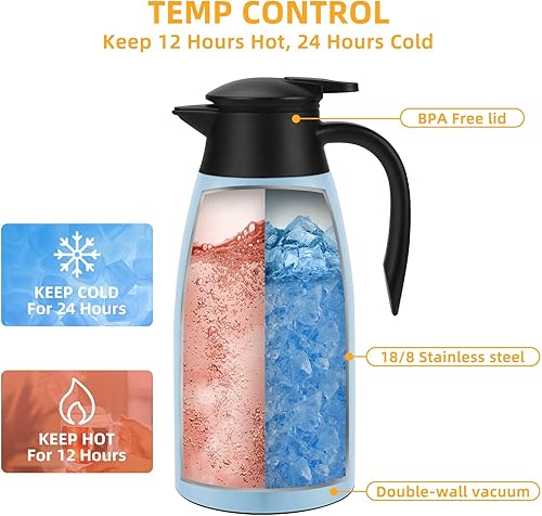Miniatura 20 de Jarra de café de 70 onzas con aislamiento térmico de acero inoxidable para café, agua caliente, té, bebidas calientes, mantiene 12 horas calientes