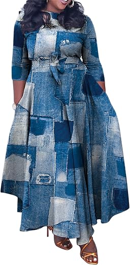 Casual Floral Print Plus Size Maxi Dress for Women 3/4 Sleeve High Waist Flowy Ruffle Fall Dresses with Belt