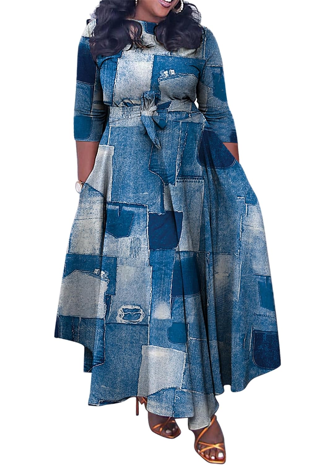 Casual Floral Print Plus Size Maxi Dress for Women 3/4 Sleeve High Waist Flowy Ruffle Fall Dresses with Belt - Review, Price and Buying Guide